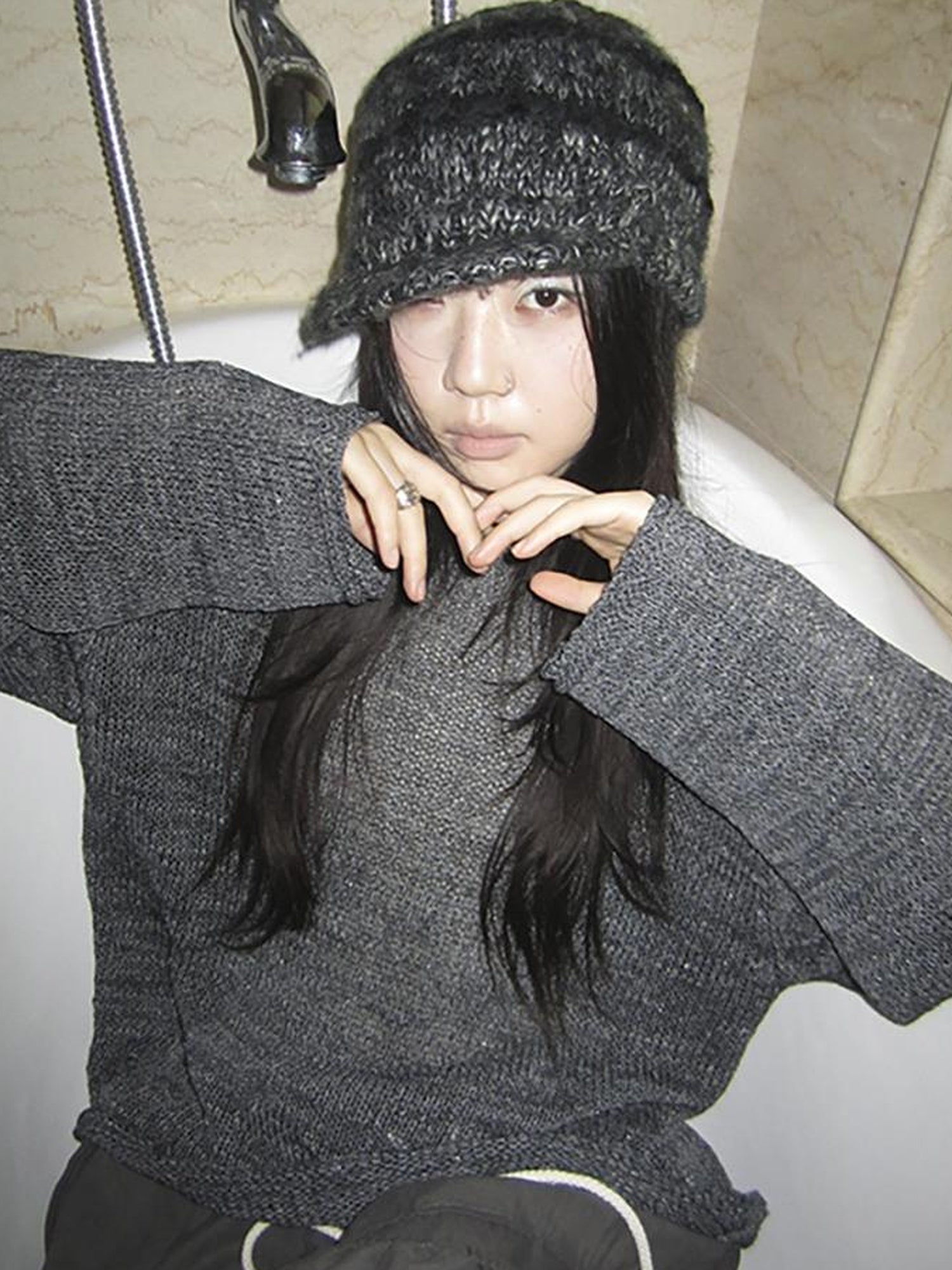 ang project Vintage Relaxed Fit Knit Long Sleeve V Neck T Shirt