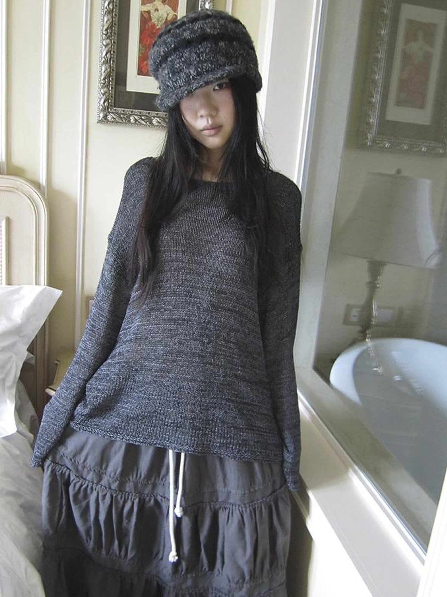 ang project Vintage Relaxed Fit Knit Long Sleeve V Neck T Shirt