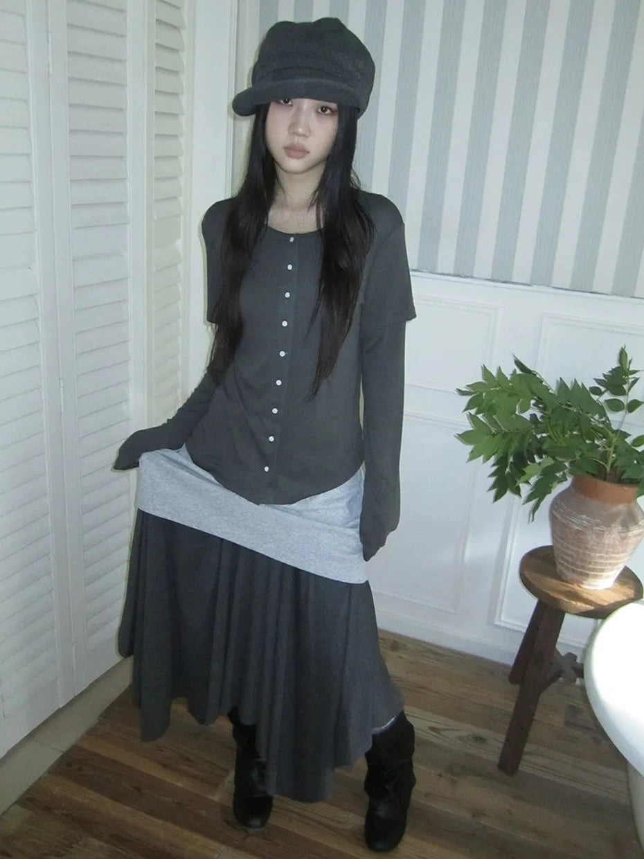 ang project Vintage Retro Two Tone Long Sleeve Knit Top T-shirt