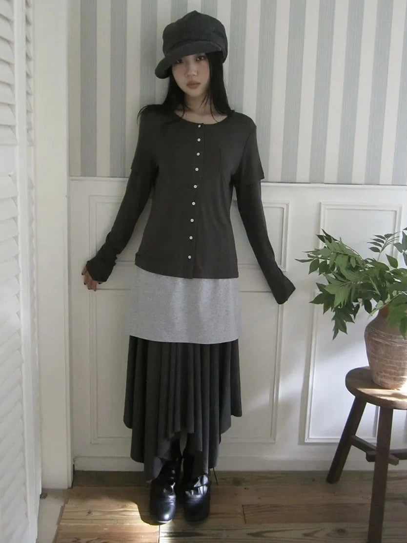 ang project Vintage Retro Two Tone Long Sleeve Knit Top T-shirt