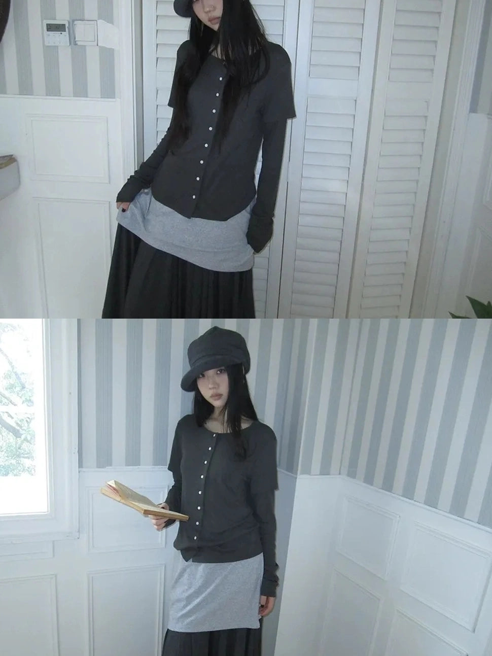 ang project Vintage Retro Two Tone Long Sleeve Knit Top T-shirt