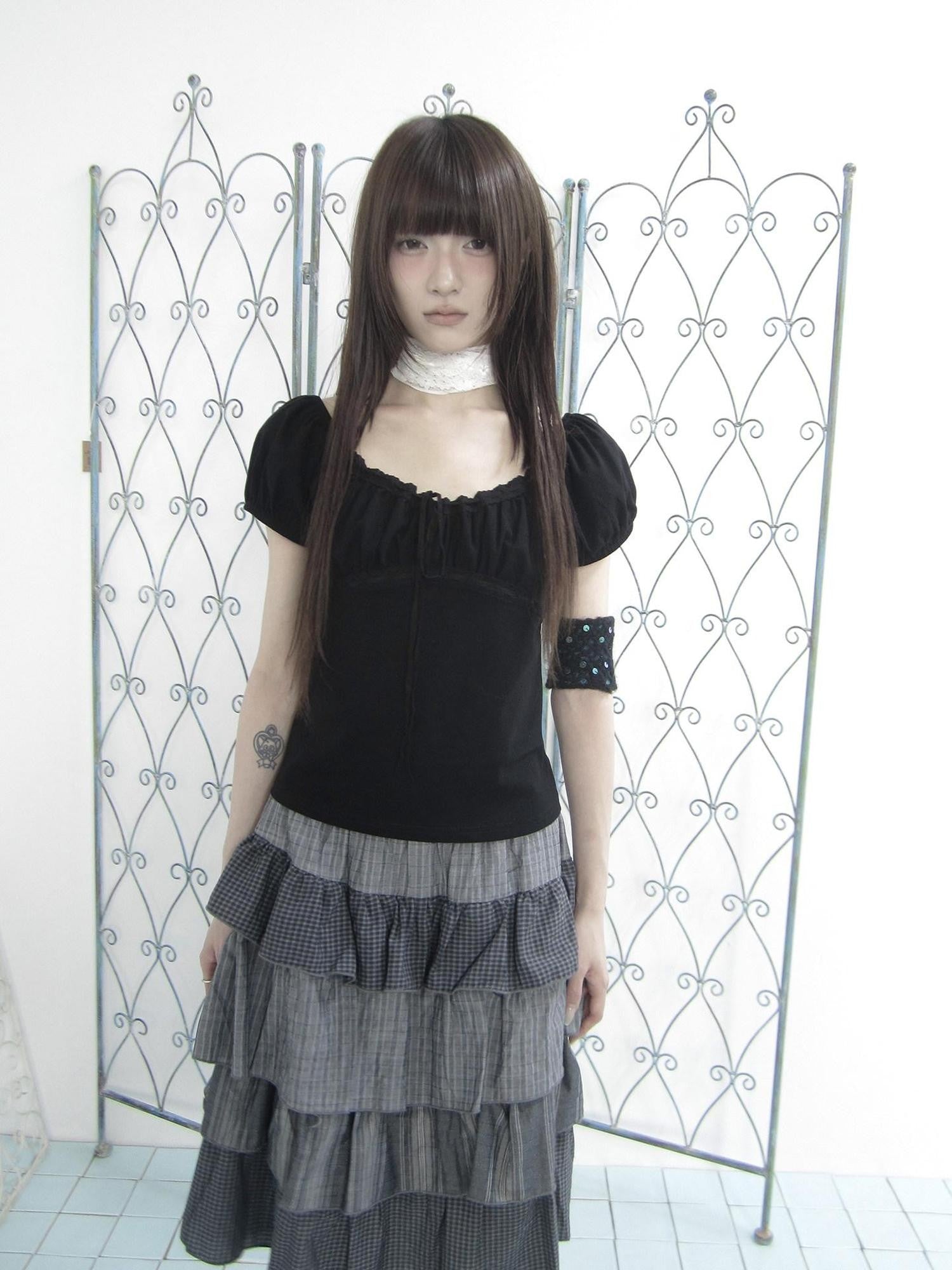 ang project Vintage Ruched Drawstring Tie Panelled Puff Women&