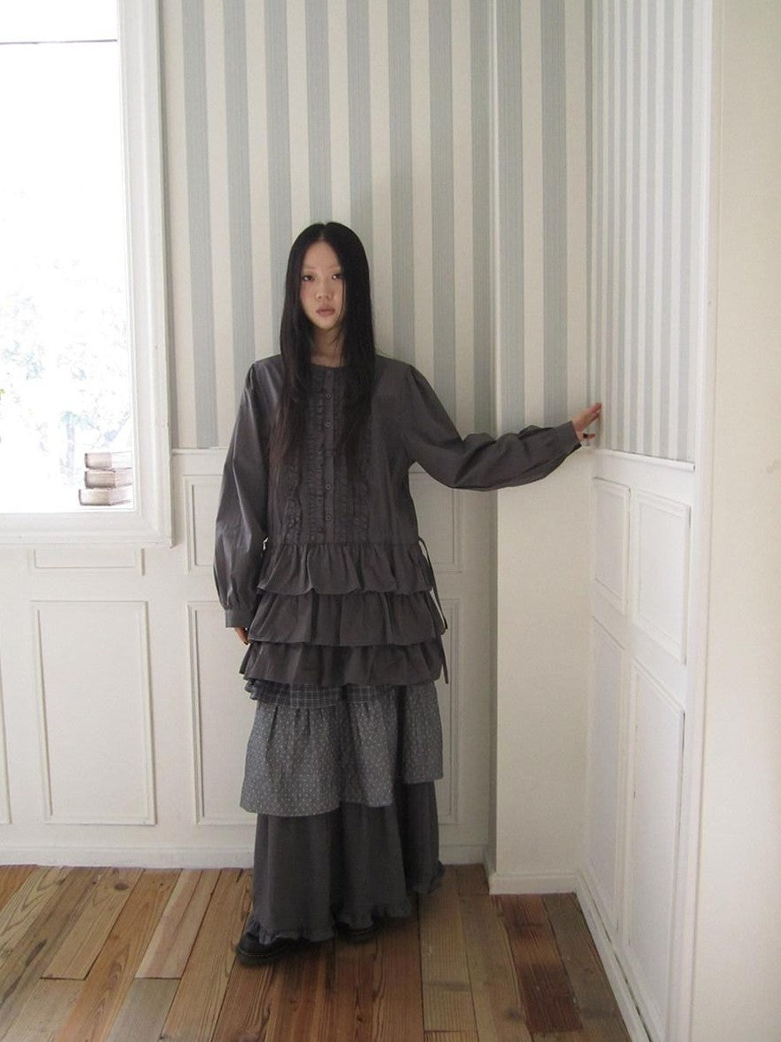 ang project Vintage Ruffle Edge Button Panelled Tiered Hem Women&