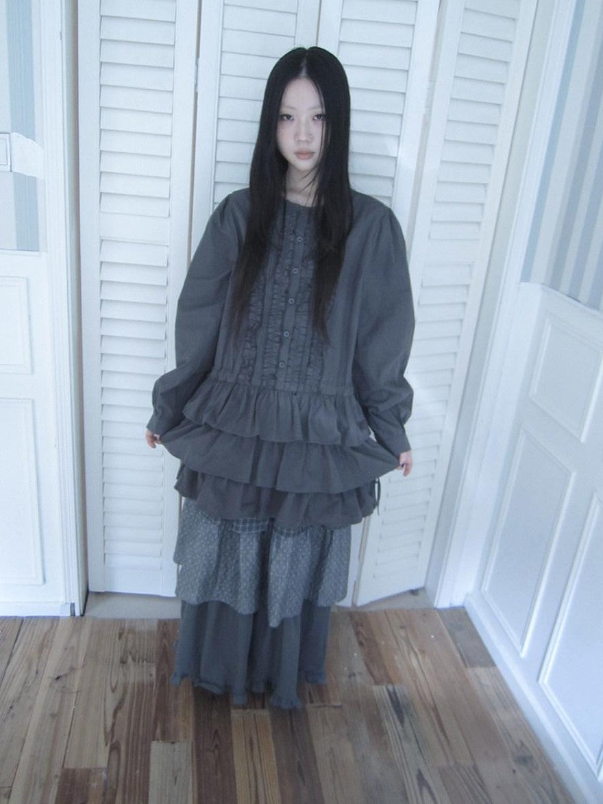 ang project Vintage Ruffle Edge Button Panelled Tiered Hem Women&