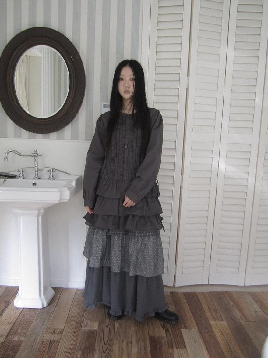 ang project Vintage Ruffle Edge Button Panelled Tiered Hem Women&