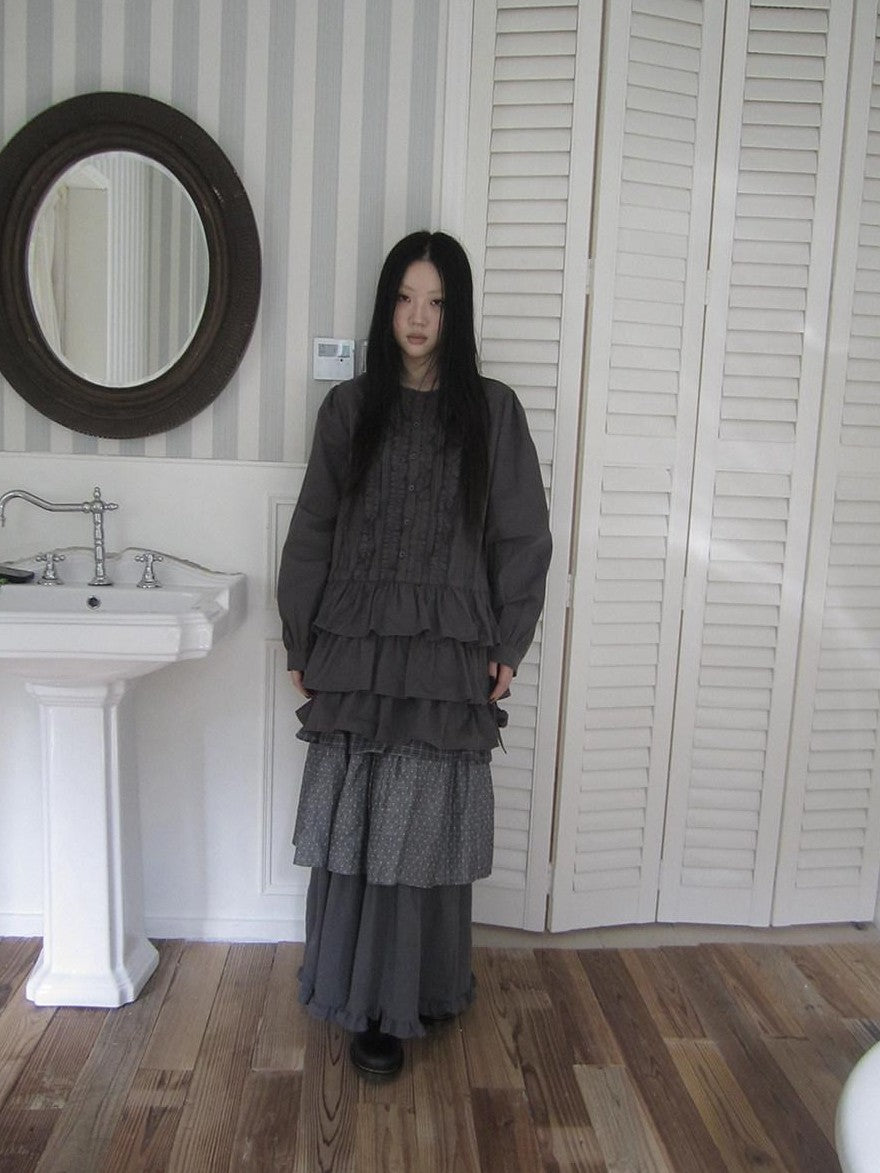 ang project Vintage Ruffle Edge Button Panelled Tiered Hem Women&