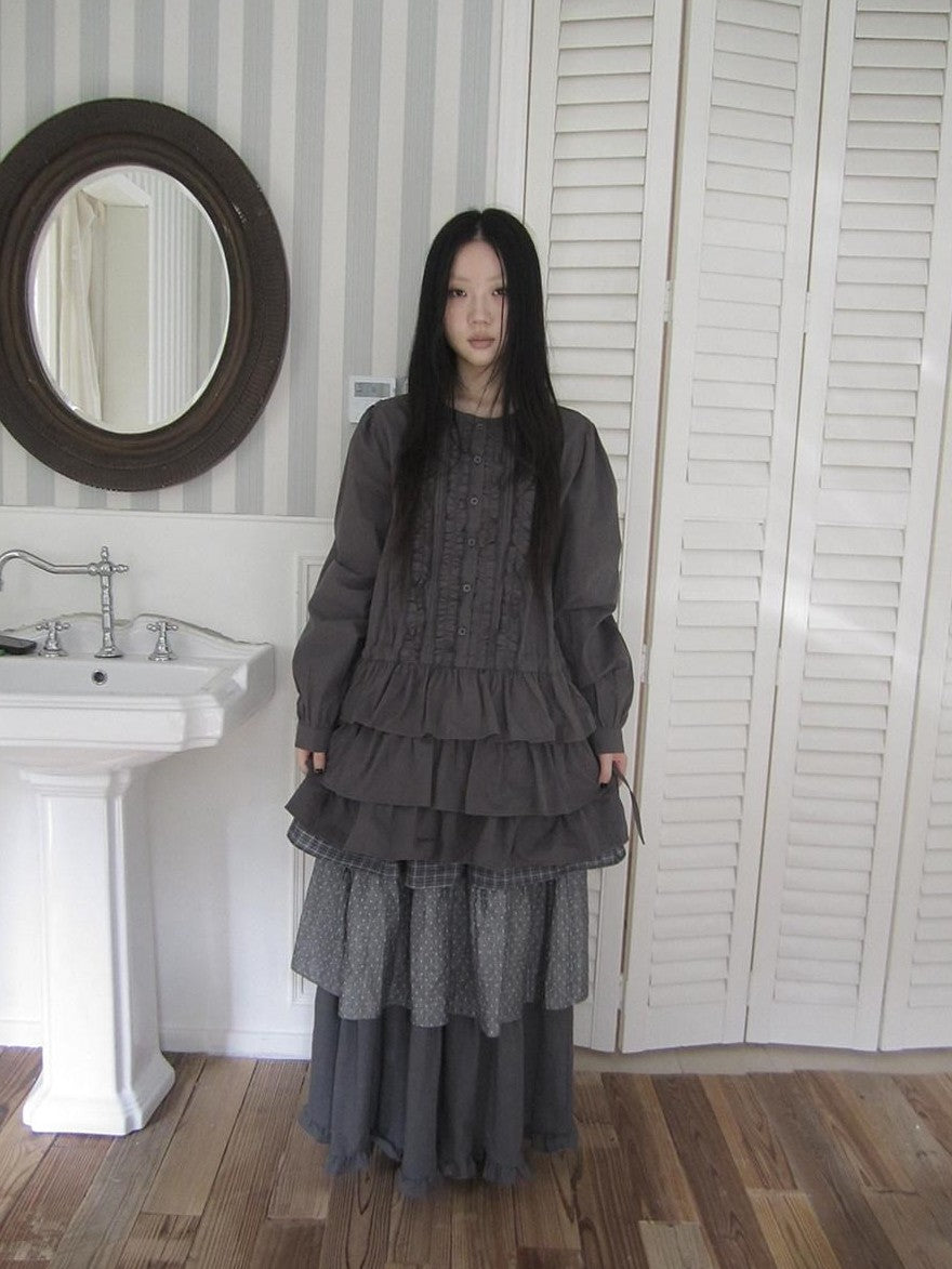 ang project Vintage Ruffle Edge Button Panelled Tiered Hem Women&