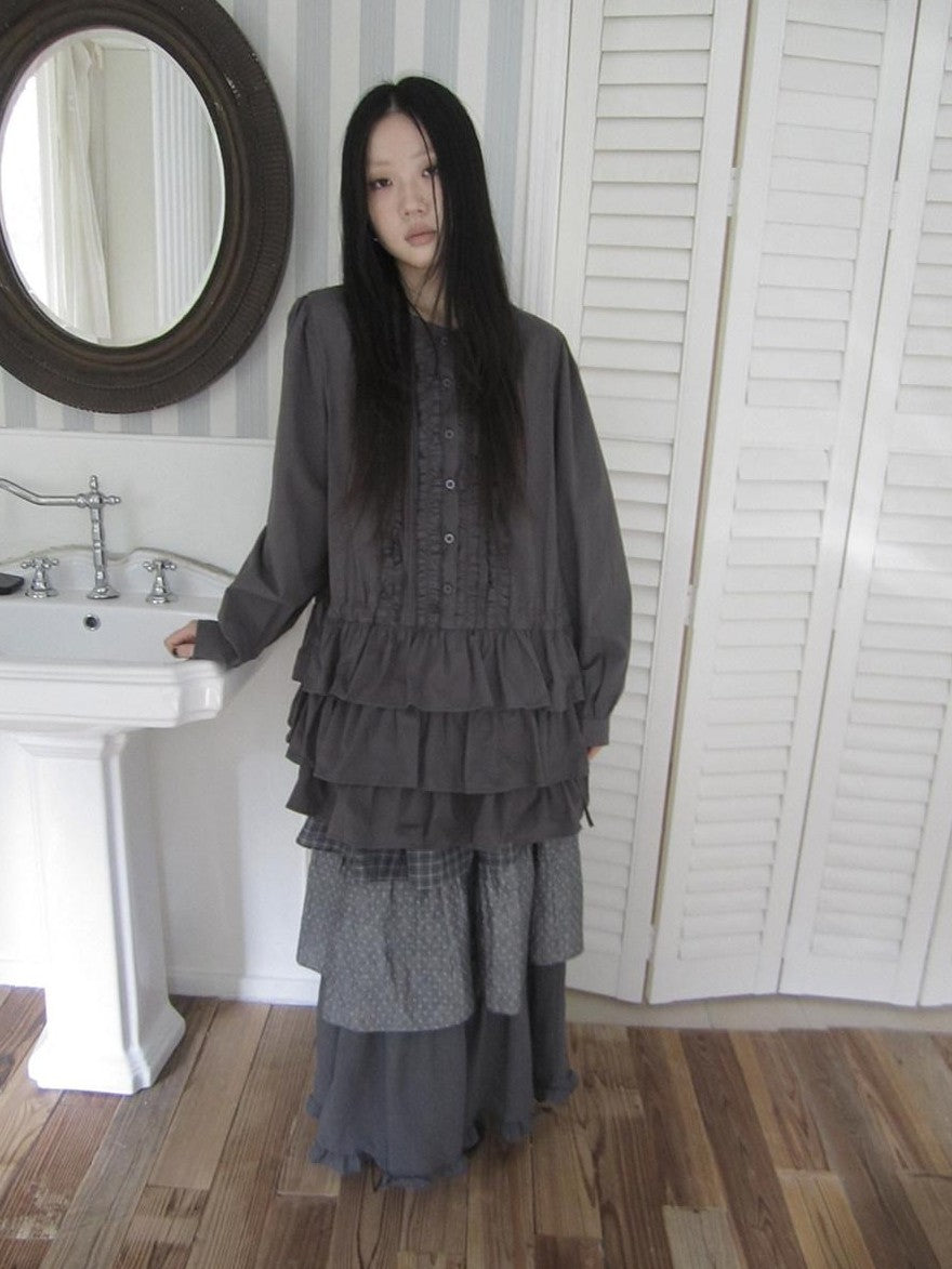 ang project Vintage Ruffle Edge Button Panelled Tiered Hem Women&