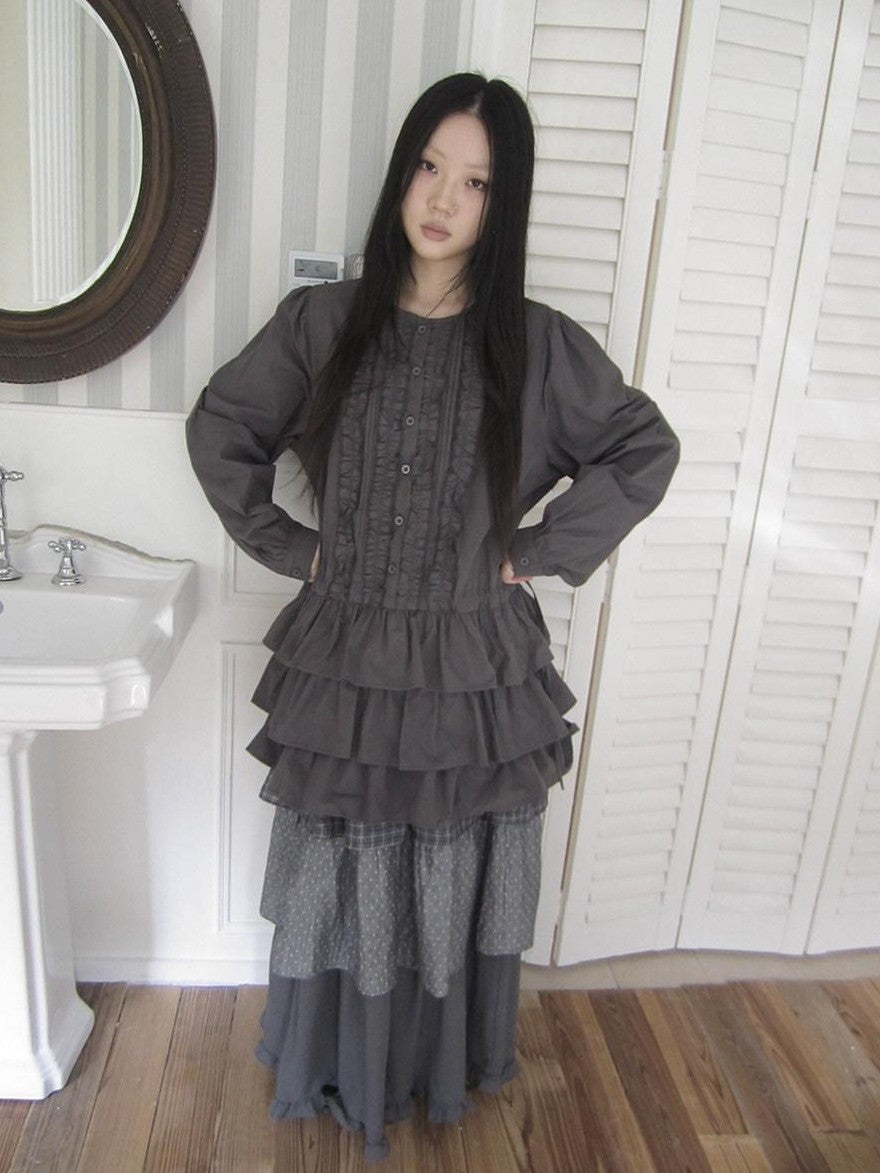 ang project Vintage Ruffle Edge Button Panelled Tiered Hem Women&