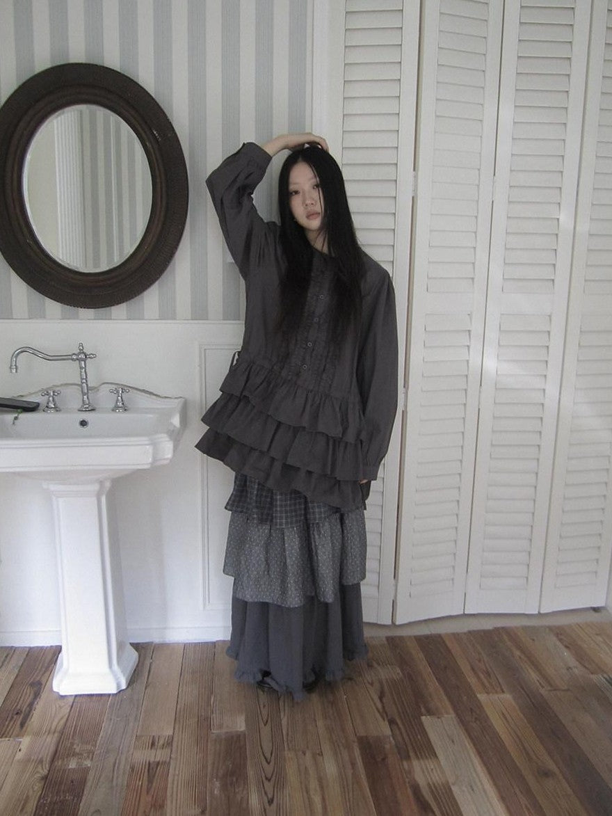 ang project Vintage Ruffle Edge Button Panelled Tiered Hem Women&