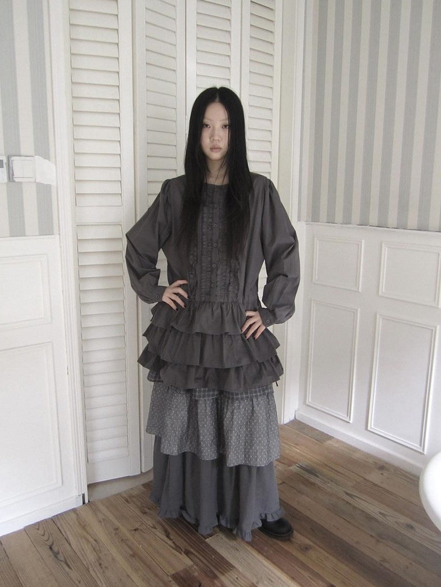 ang project Vintage Ruffle Edge Button Panelled Tiered Hem Women&