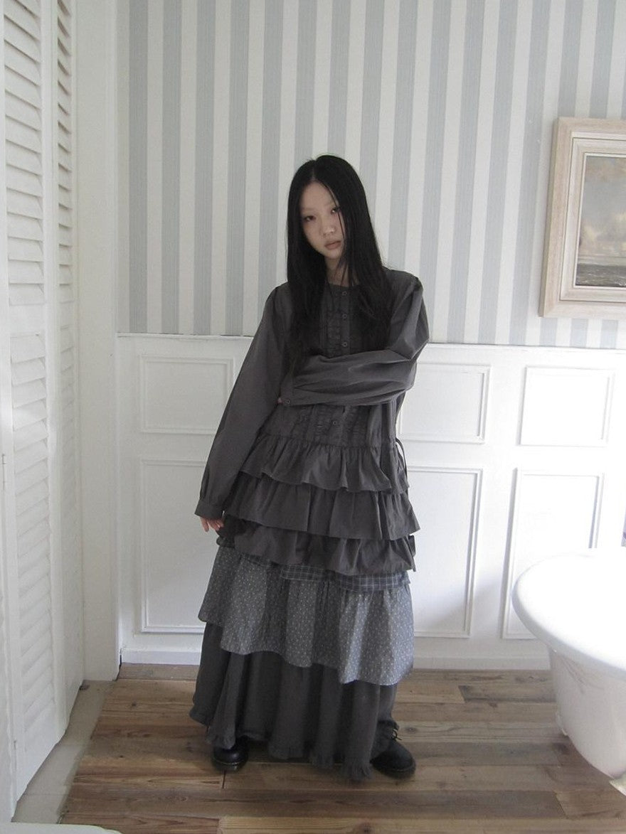 ang project Vintage Ruffle Edge Button Panelled Tiered Hem Women&