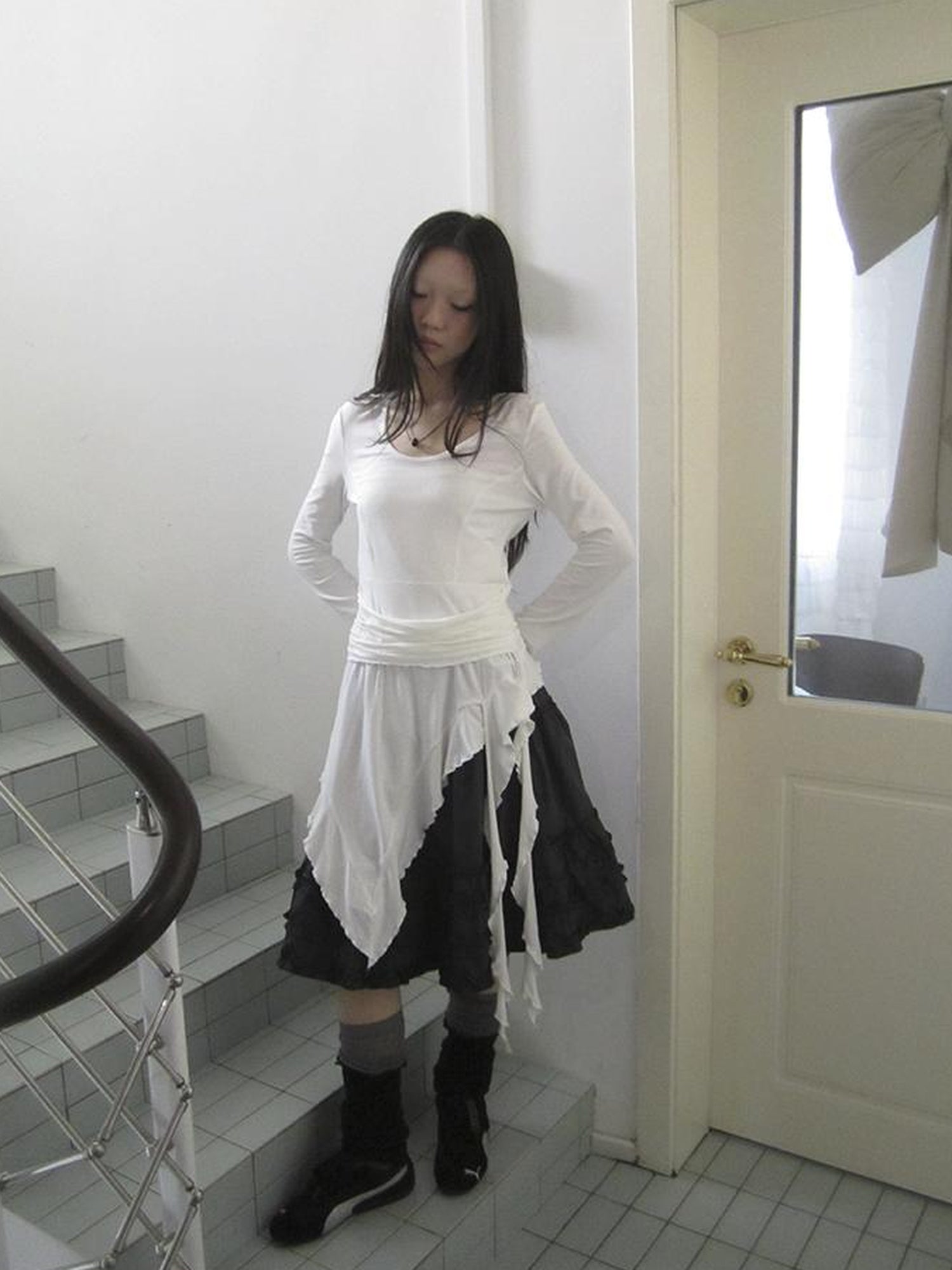 Updateang project Vintage Ruffle Hem Asymmetrical Blouse With Flowy Sash