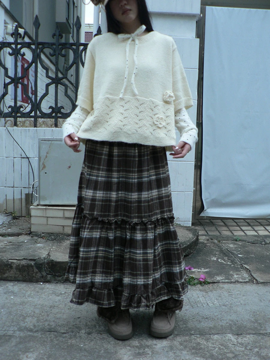 ang project Vintage Ruffle Print A Line Elastic Waist Casual Women Brown Maxi Skirt