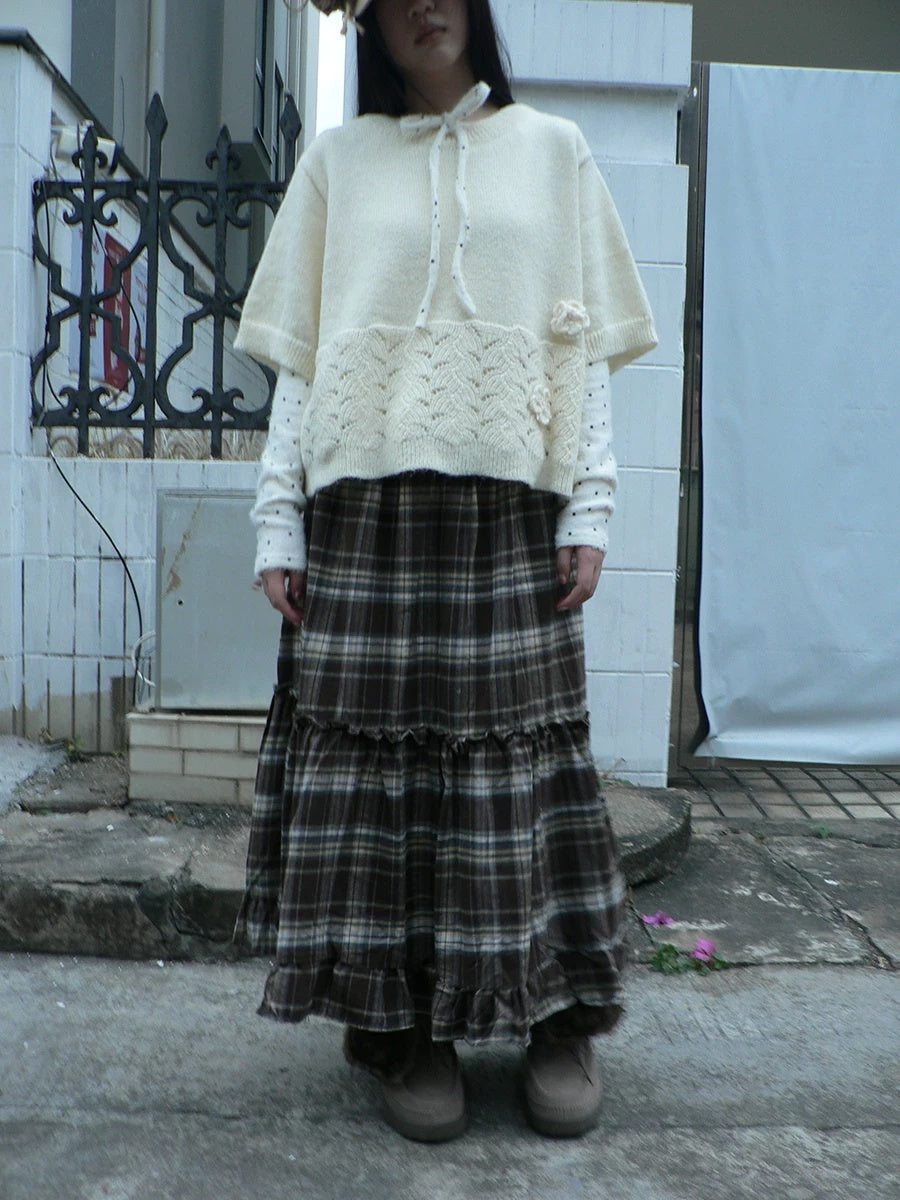 ang project Vintage Ruffle Print A Line Elastic Waist Casual Women Brown Maxi Skirt
