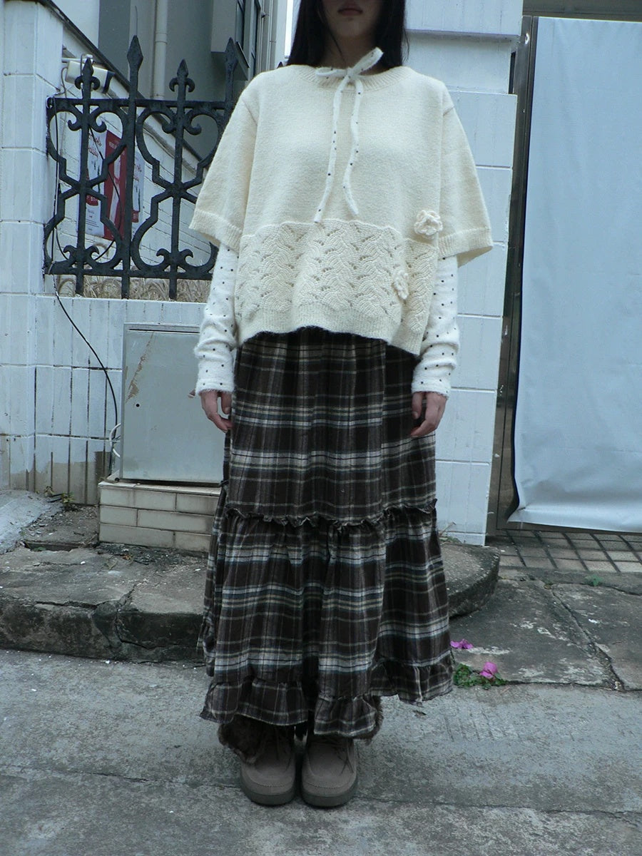 ang project Vintage Ruffle Print A Line Elastic Waist Casual Women Brown Maxi Skirt