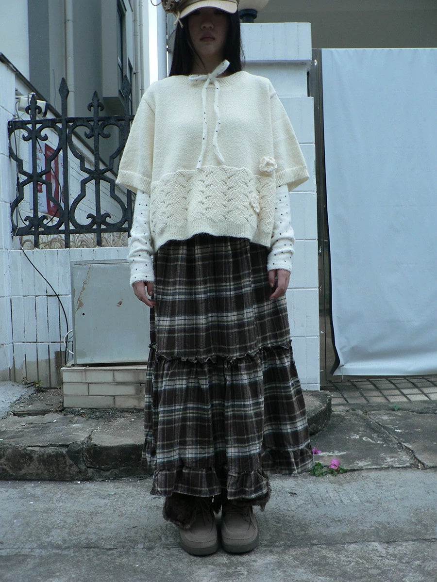 ang project Vintage Ruffle Print A Line Elastic Waist Casual Women Brown Maxi Skirt