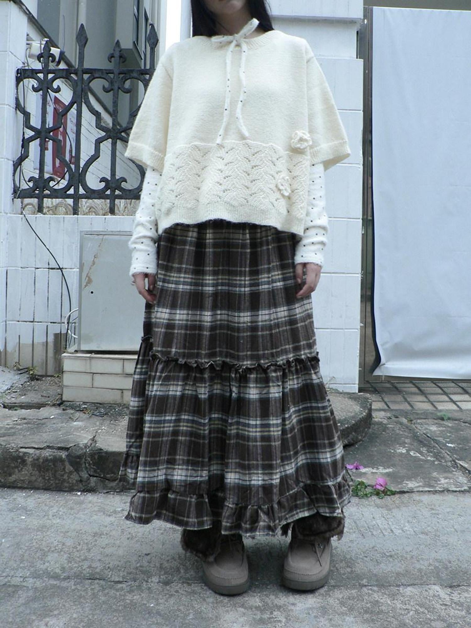 ang project Vintage Ruffle Print A Line Elastic Waist Casual Women Brown Maxi Skirt
