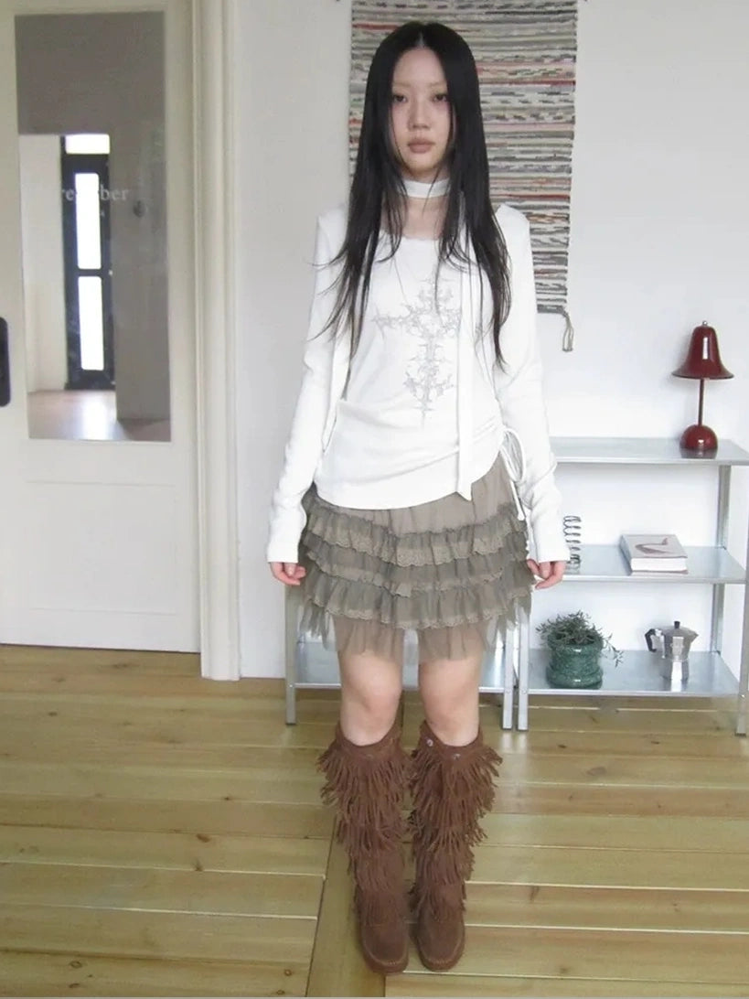 ang project Vintage Ruffle Tie Dye Long Sleeve Tee With Scarf T-shirt