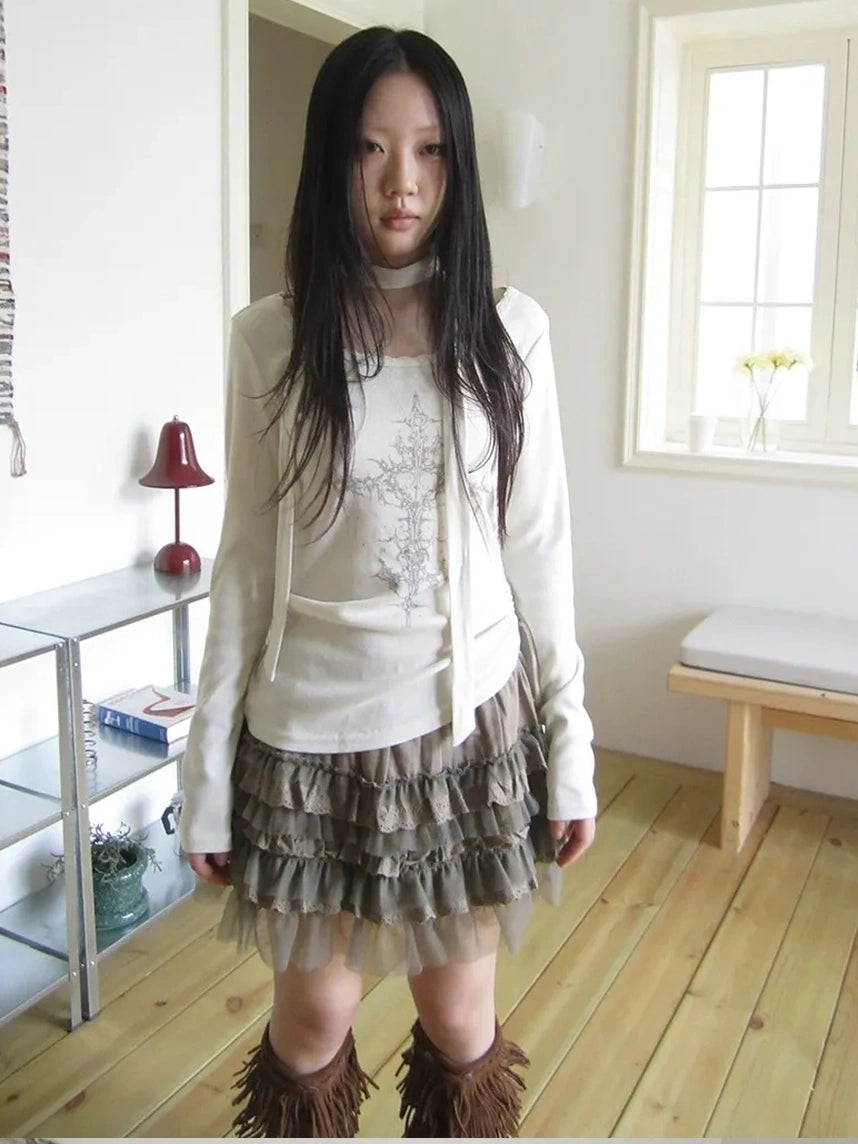 ang project Vintage Ruffle Tie Dye Long Sleeve Tee With Scarf T-shirt