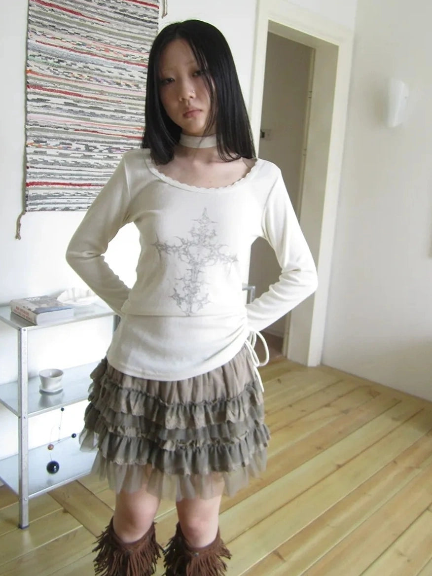 ang project Vintage Ruffle Tie Dye Long Sleeve Tee With Scarf T-shirt