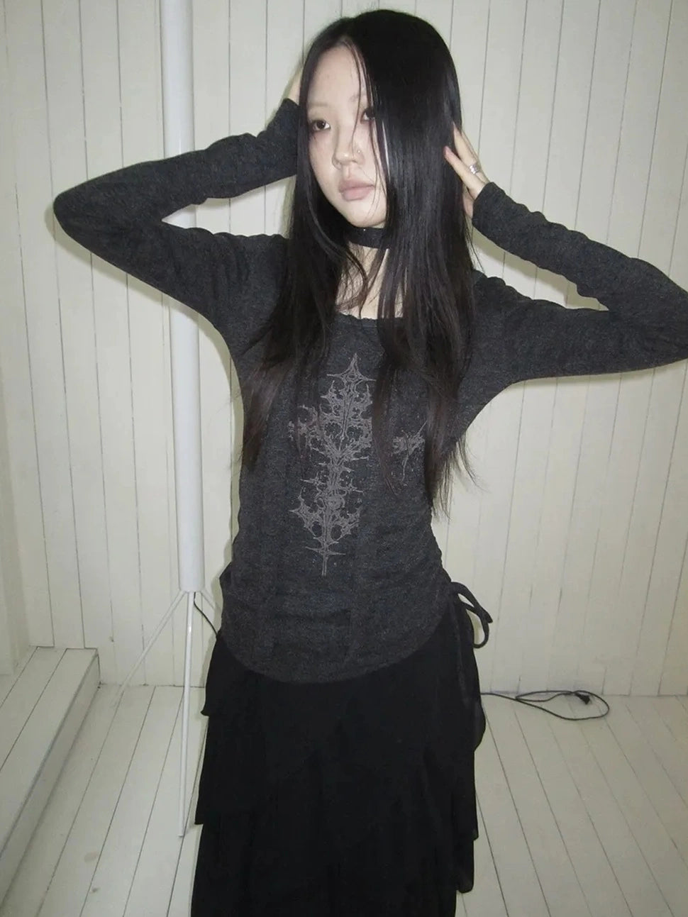 ang project Vintage Ruffle Tie Dye Long Sleeve Tee With Scarf T-shirt