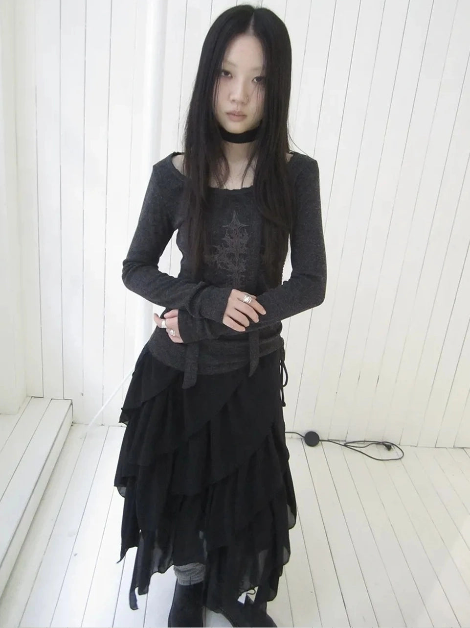 ang project Vintage Ruffle Tie Dye Long Sleeve Tee With Scarf T-shirt