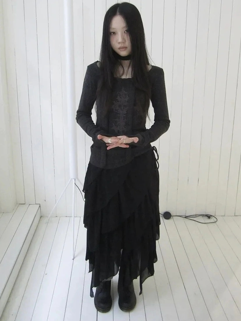 ang project Vintage Ruffle Tie Dye Long Sleeve Tee With Scarf T-shirt