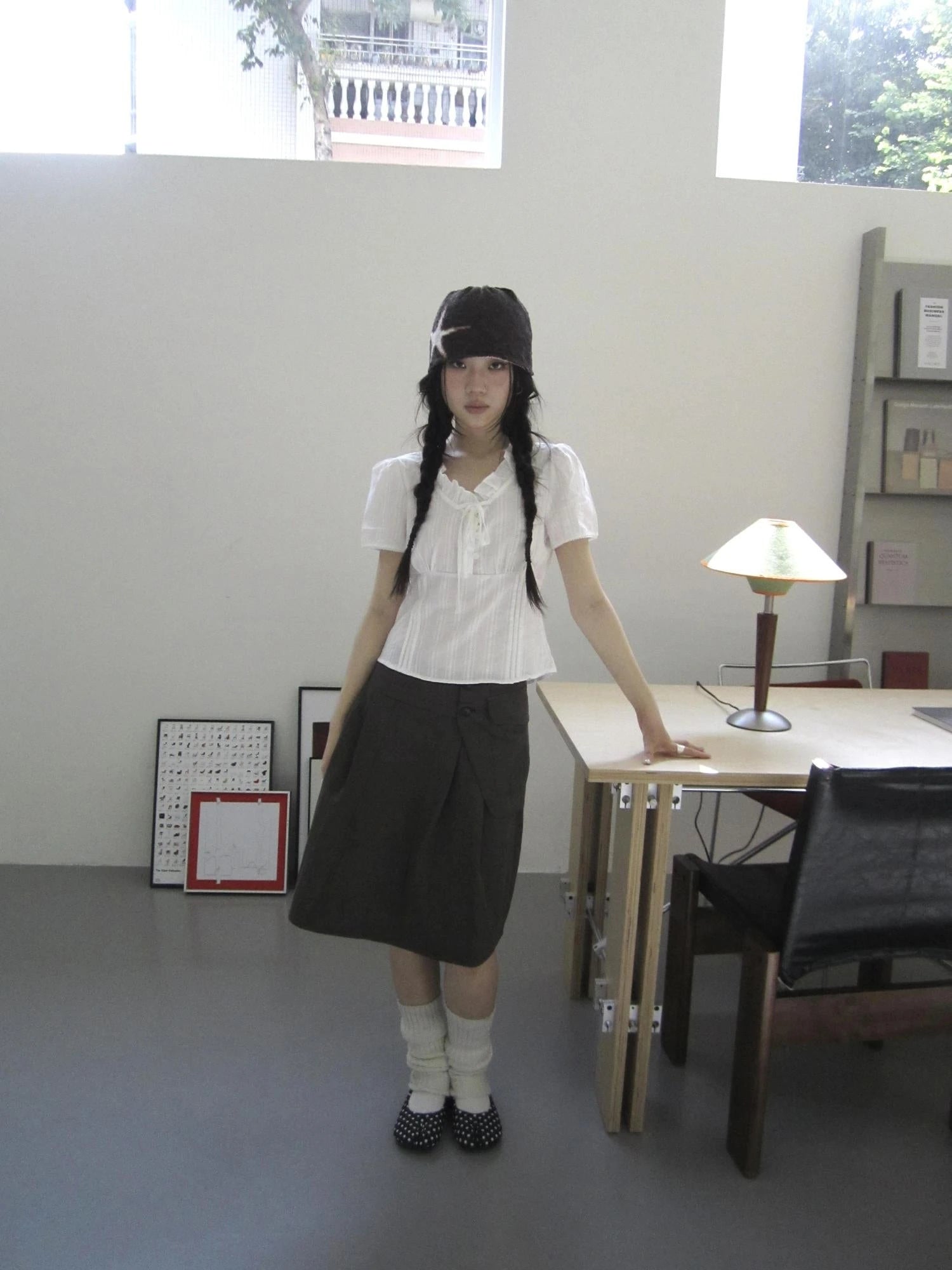 Vintage Ruffled Waist Defining Short Sleeve Blouse