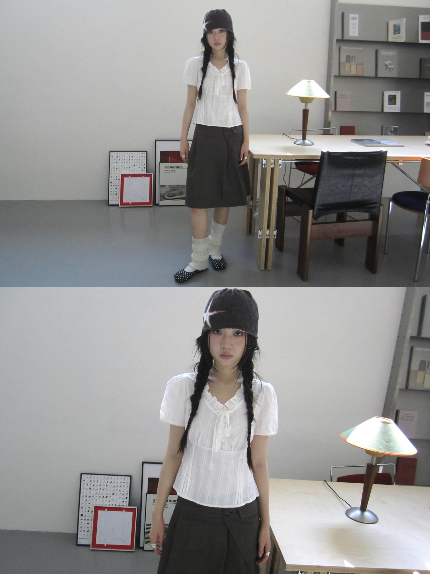 ang project Vintage Ruffled Waist Defining Short Sleeve Blouse