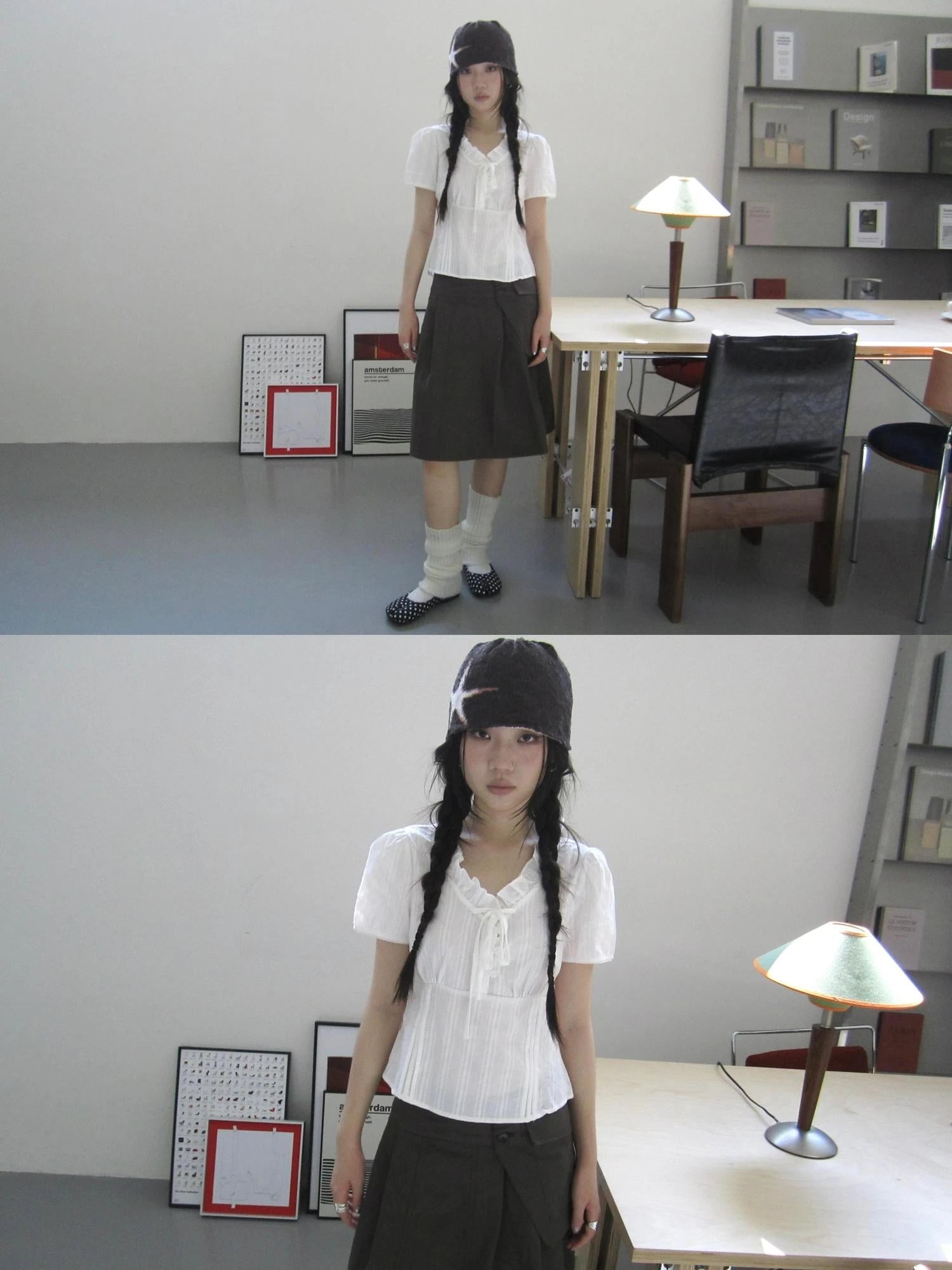 Vintage Ruffled Waist Defining Short Sleeve Blouse