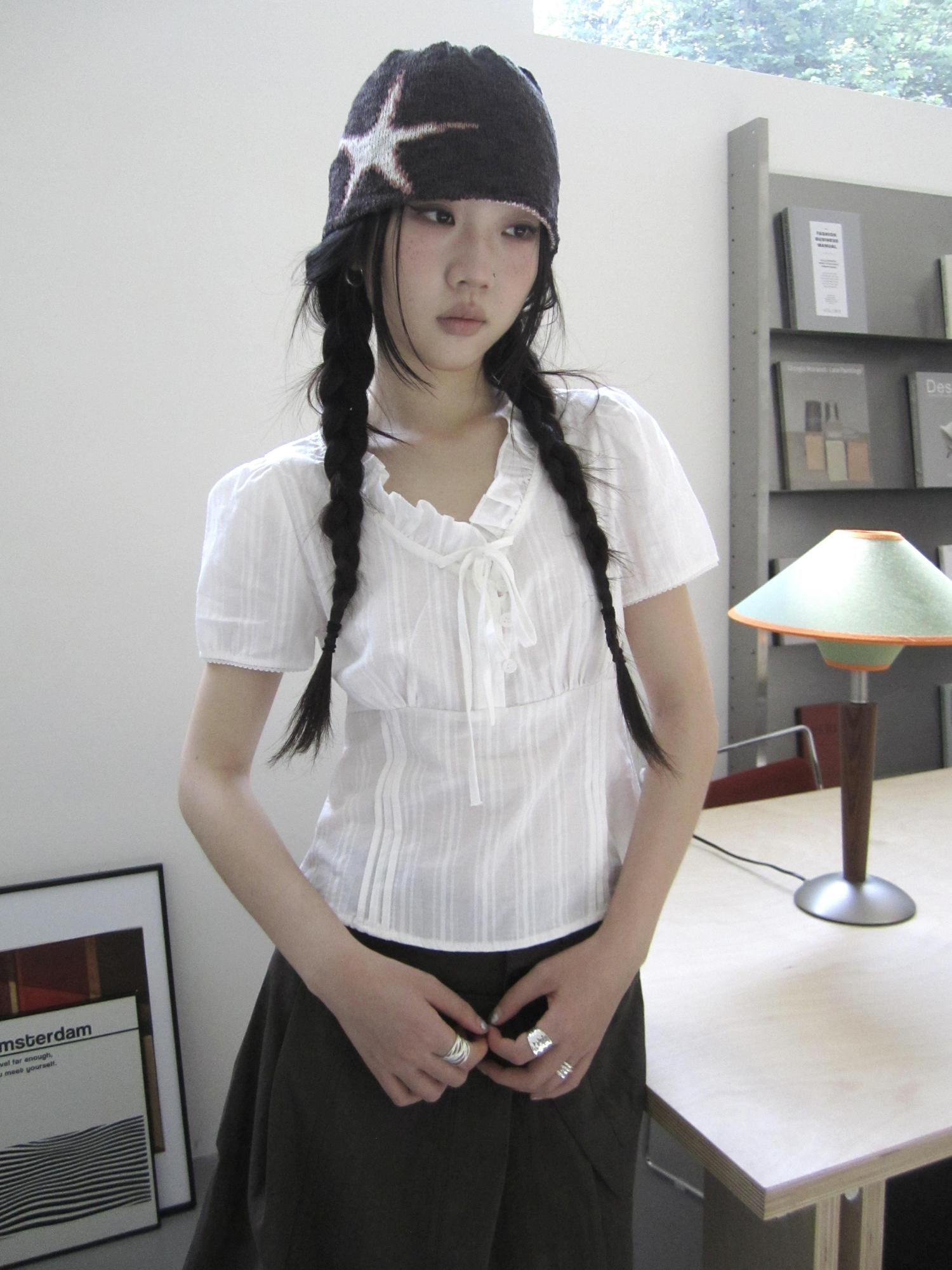 ang project Vintage Ruffled Waist Defining Short Sleeve Blouse