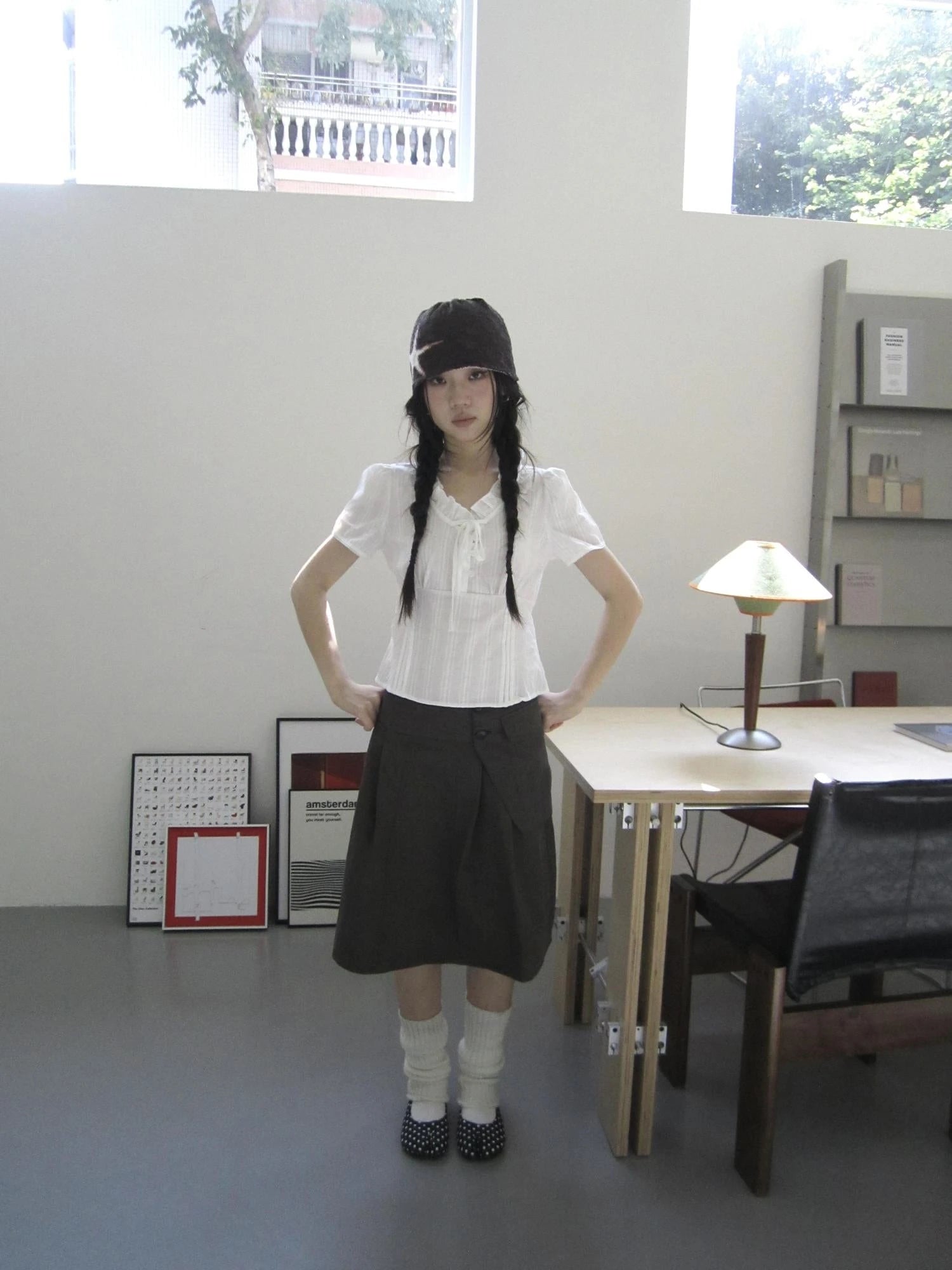 Vintage Ruffled Waist Defining Short Sleeve Blouse