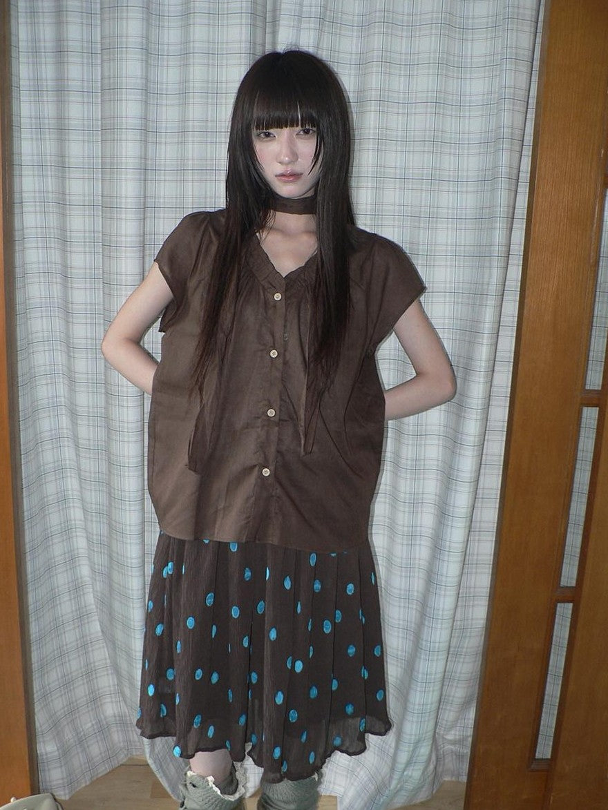 ang project Vintage Sheer Ruffle V-neck Button Front Loose Short Sleeve Women&