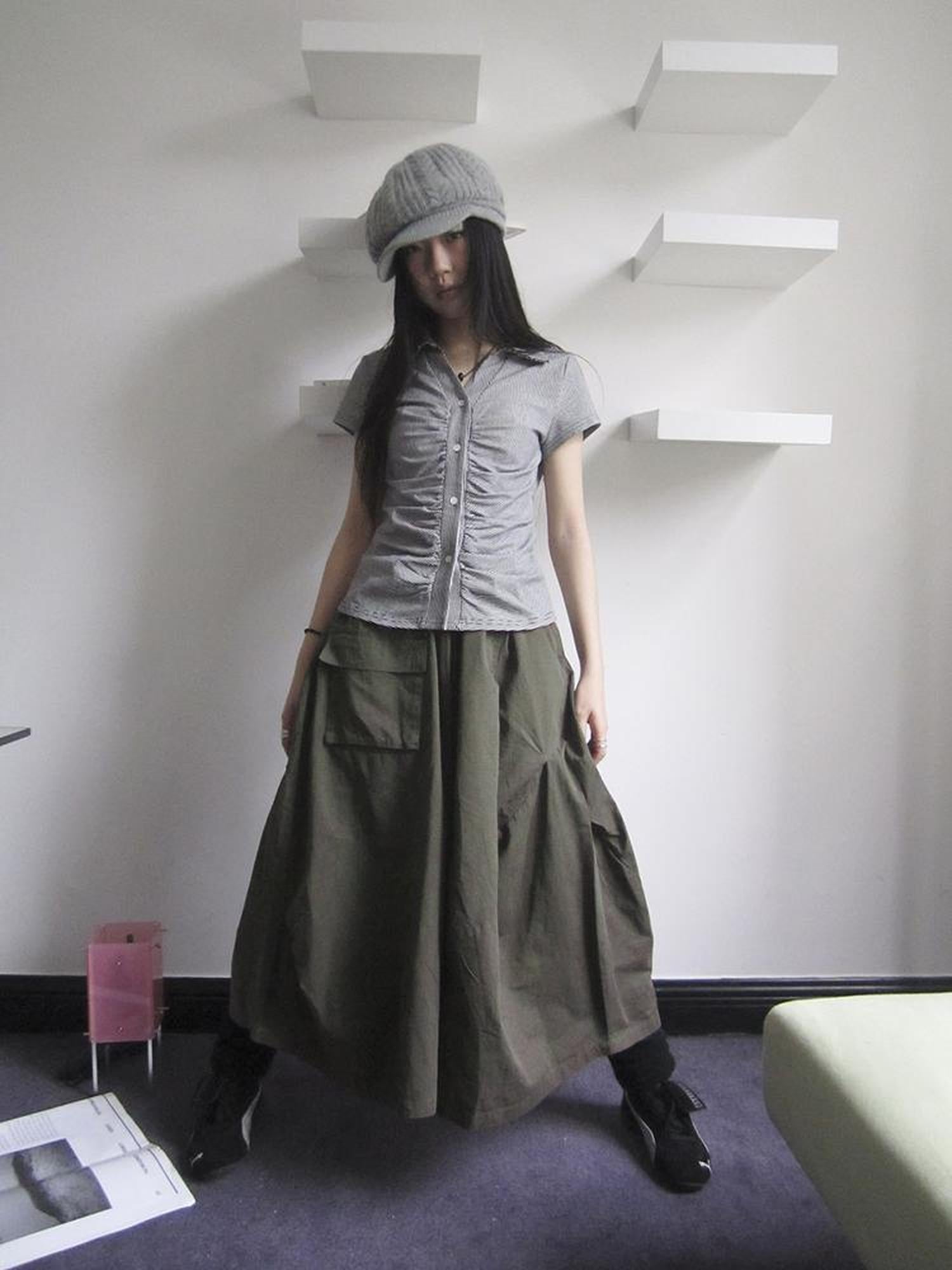 ang project Vintage Solid Multi Pleat Pocket Cargo Pants With Elastic Waist