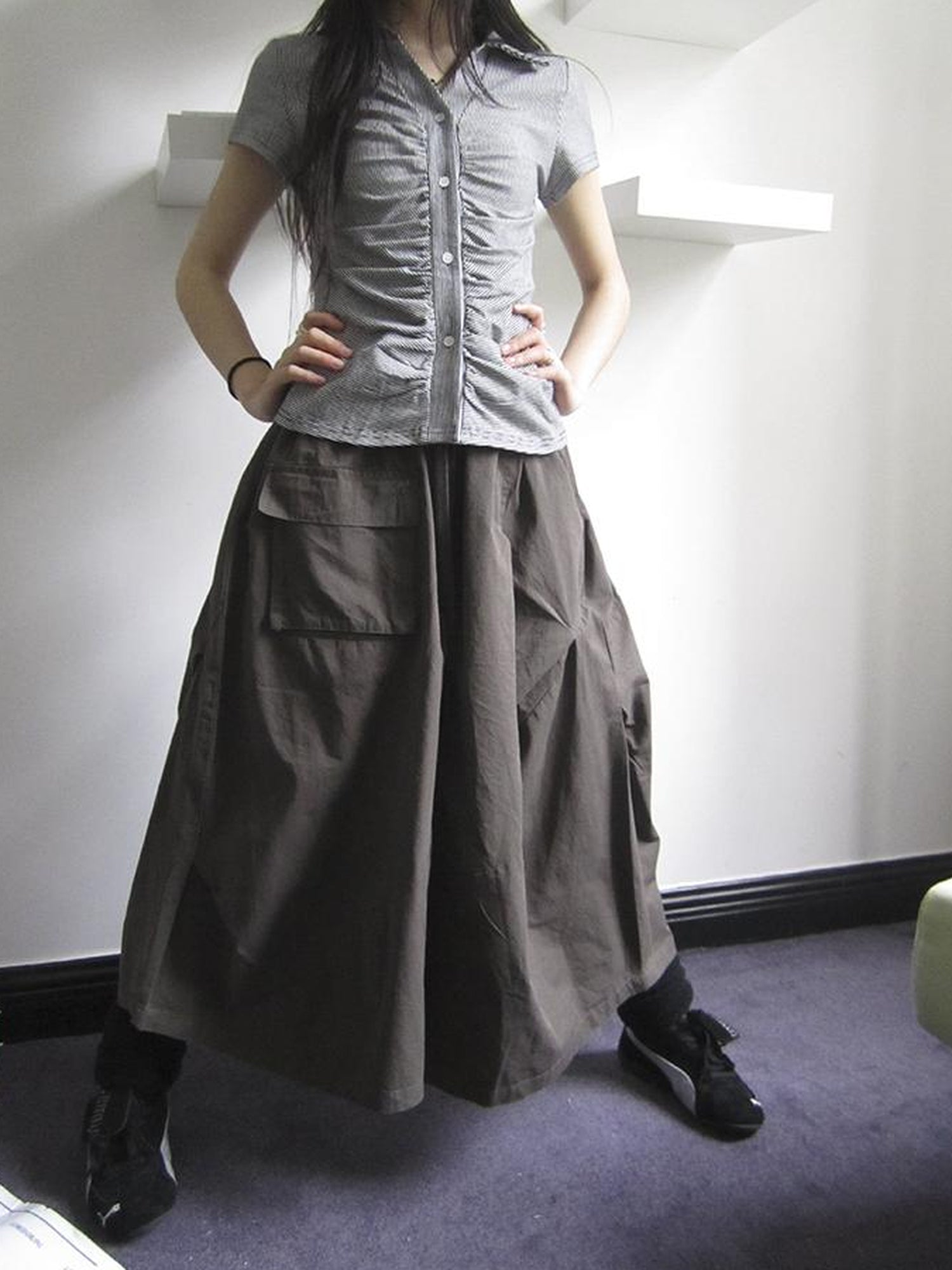 ang project Vintage Solid Multi Pleat Pocket Cargo Pants With Elastic Waist