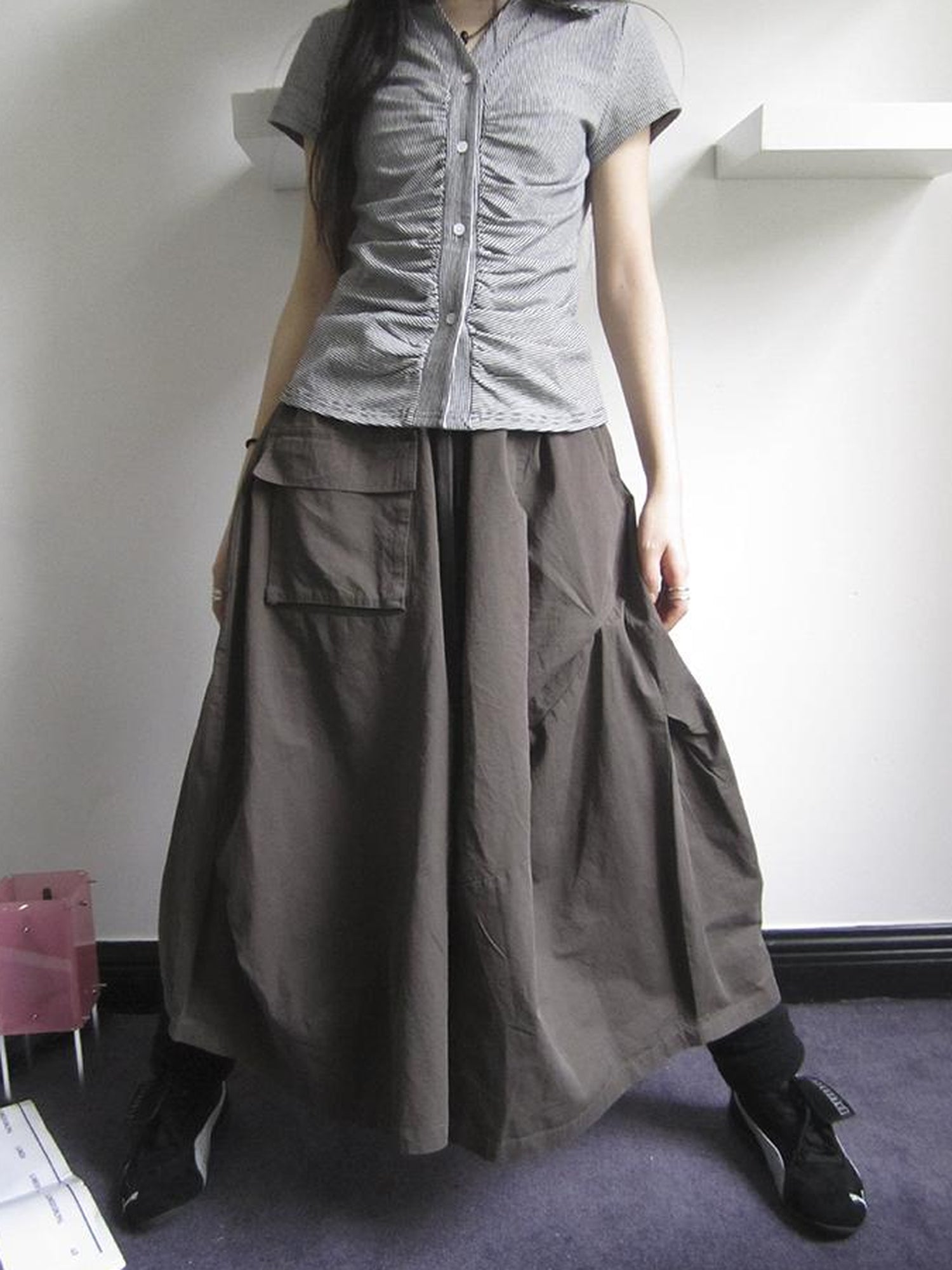 ang project Vintage Solid Multi Pleat Pocket Cargo Pants With Elastic Waist