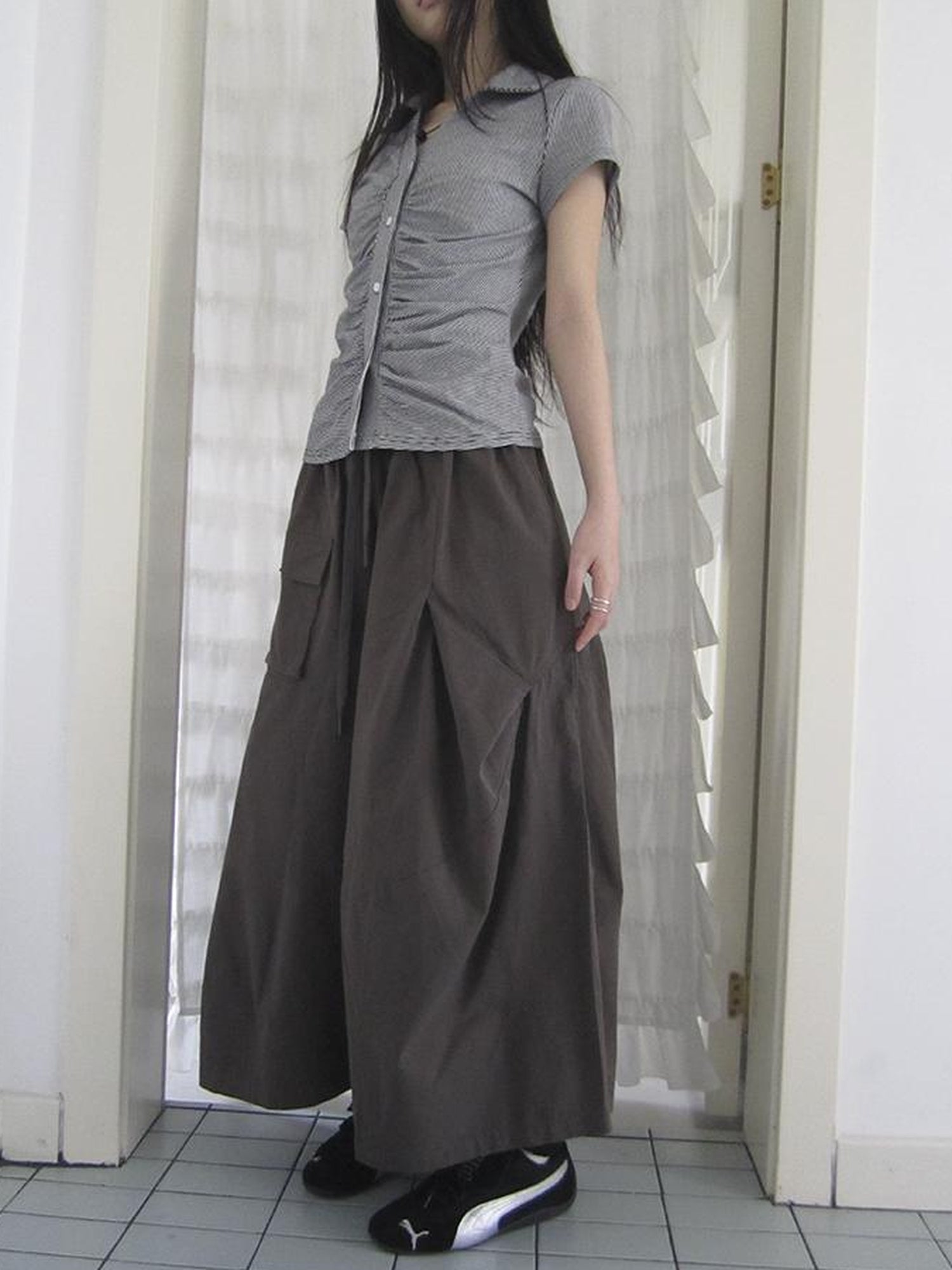 ang project Vintage Solid Multi Pleat Pocket Cargo Pants With Elastic Waist
