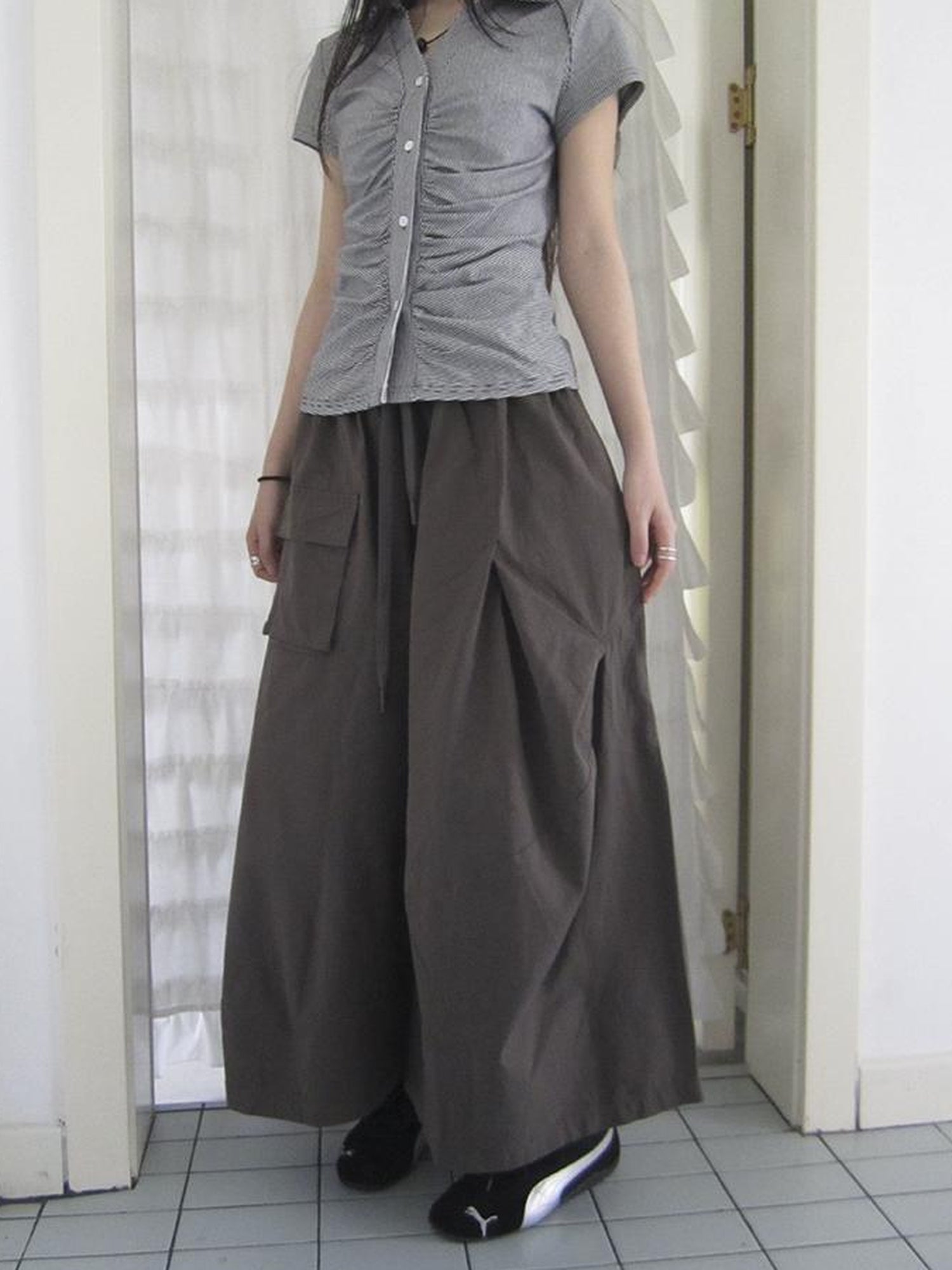 ang project Vintage Solid Multi Pleat Pocket Cargo Pants With Elastic Waist