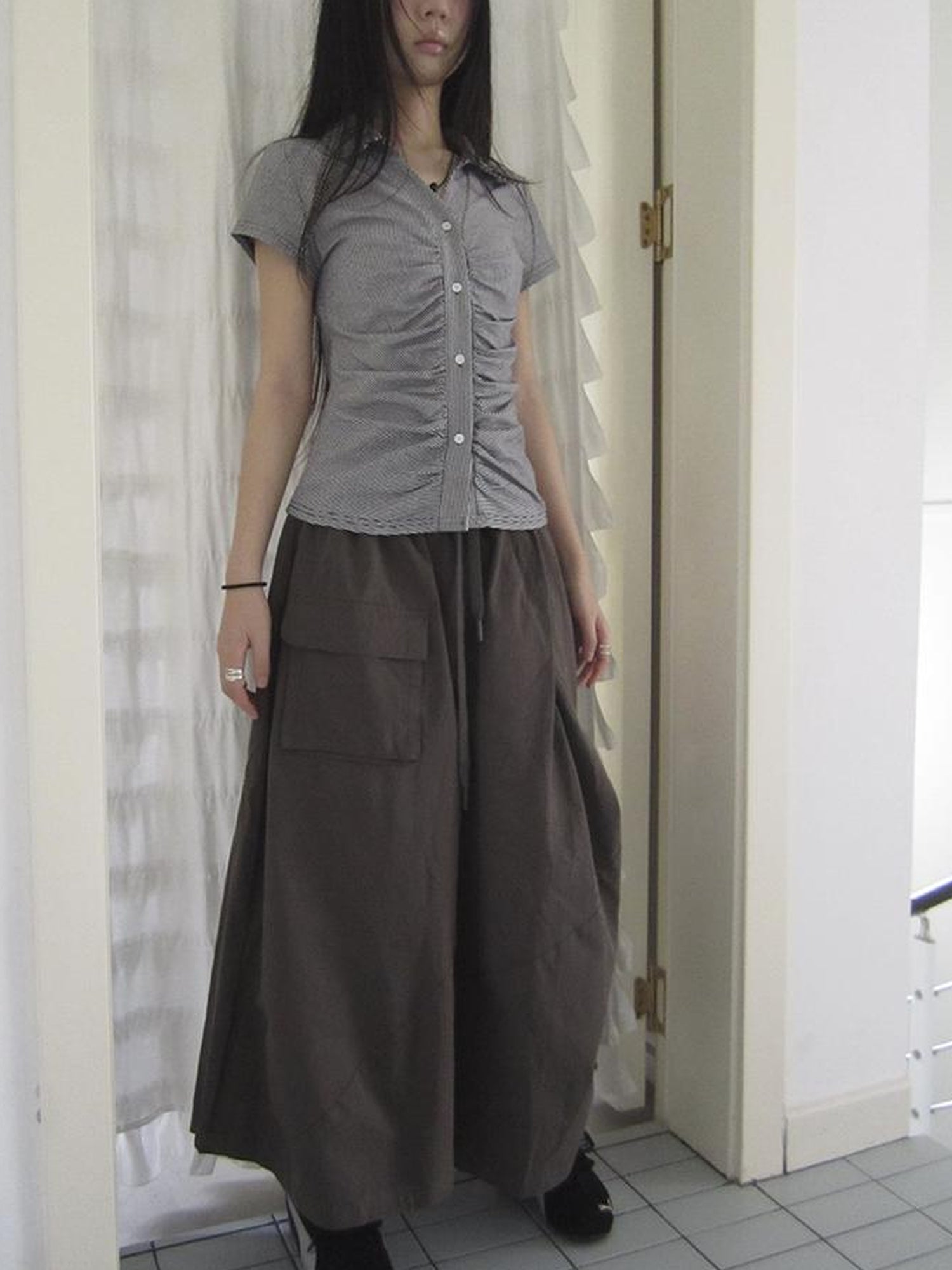 ang project Vintage Solid Multi Pleat Pocket Cargo Pants With Elastic Waist