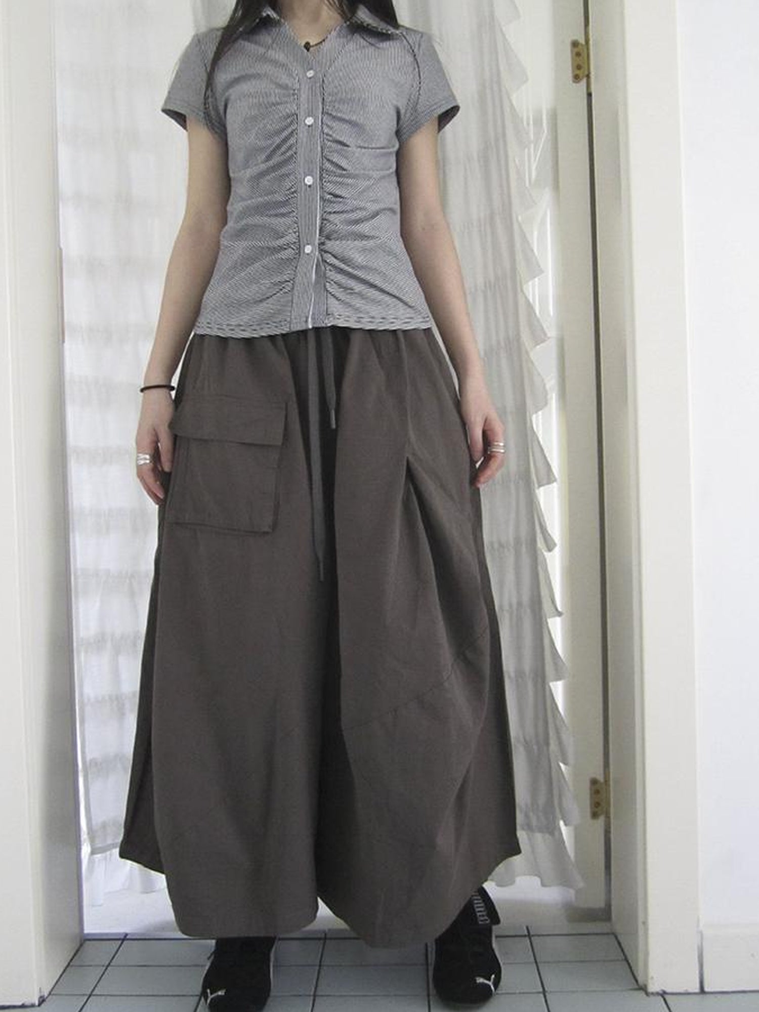 ang project Vintage Solid Multi Pleat Pocket Cargo Pants With Elastic Waist