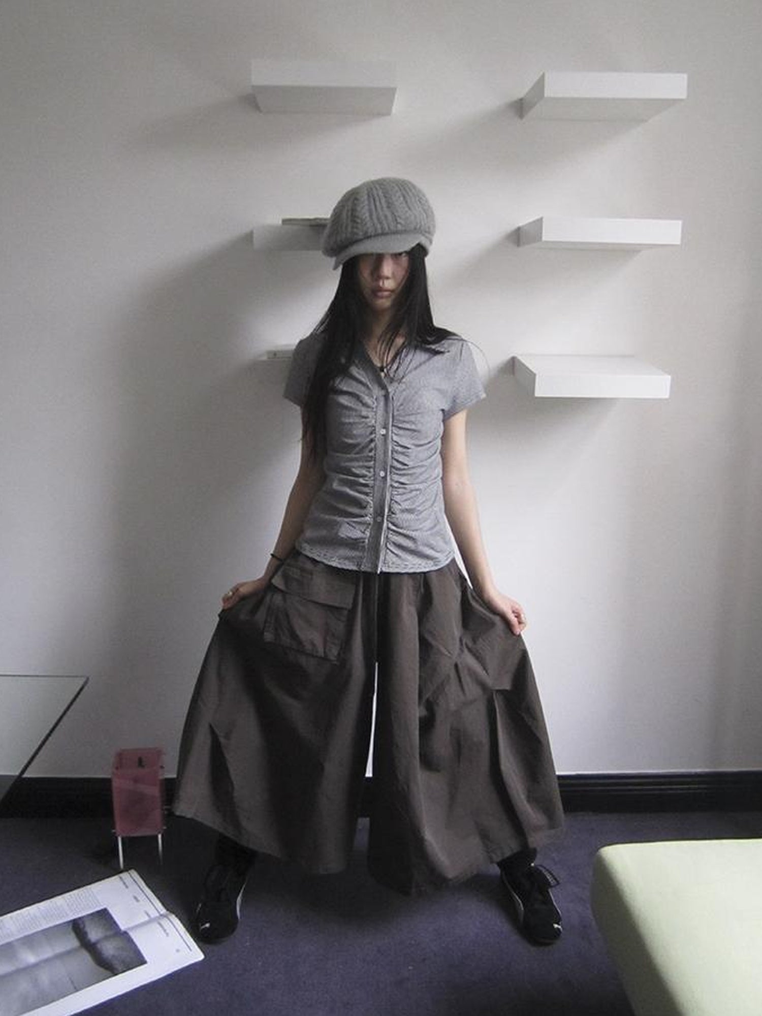 ang project Vintage Solid Multi Pleat Pocket Cargo Pants With Elastic Waist