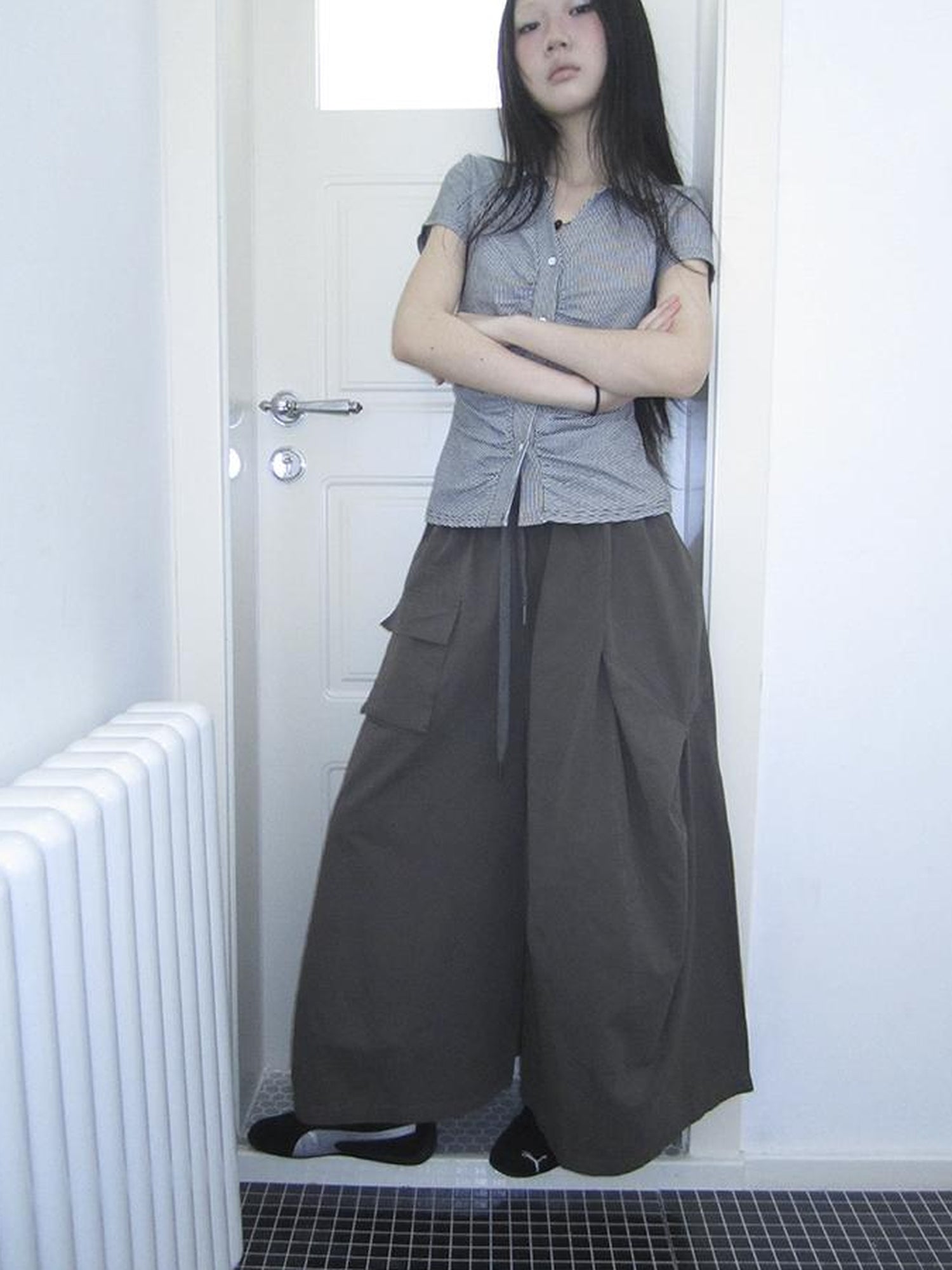 ang project Vintage Solid Multi Pleat Pocket Cargo Pants With Elastic Waist