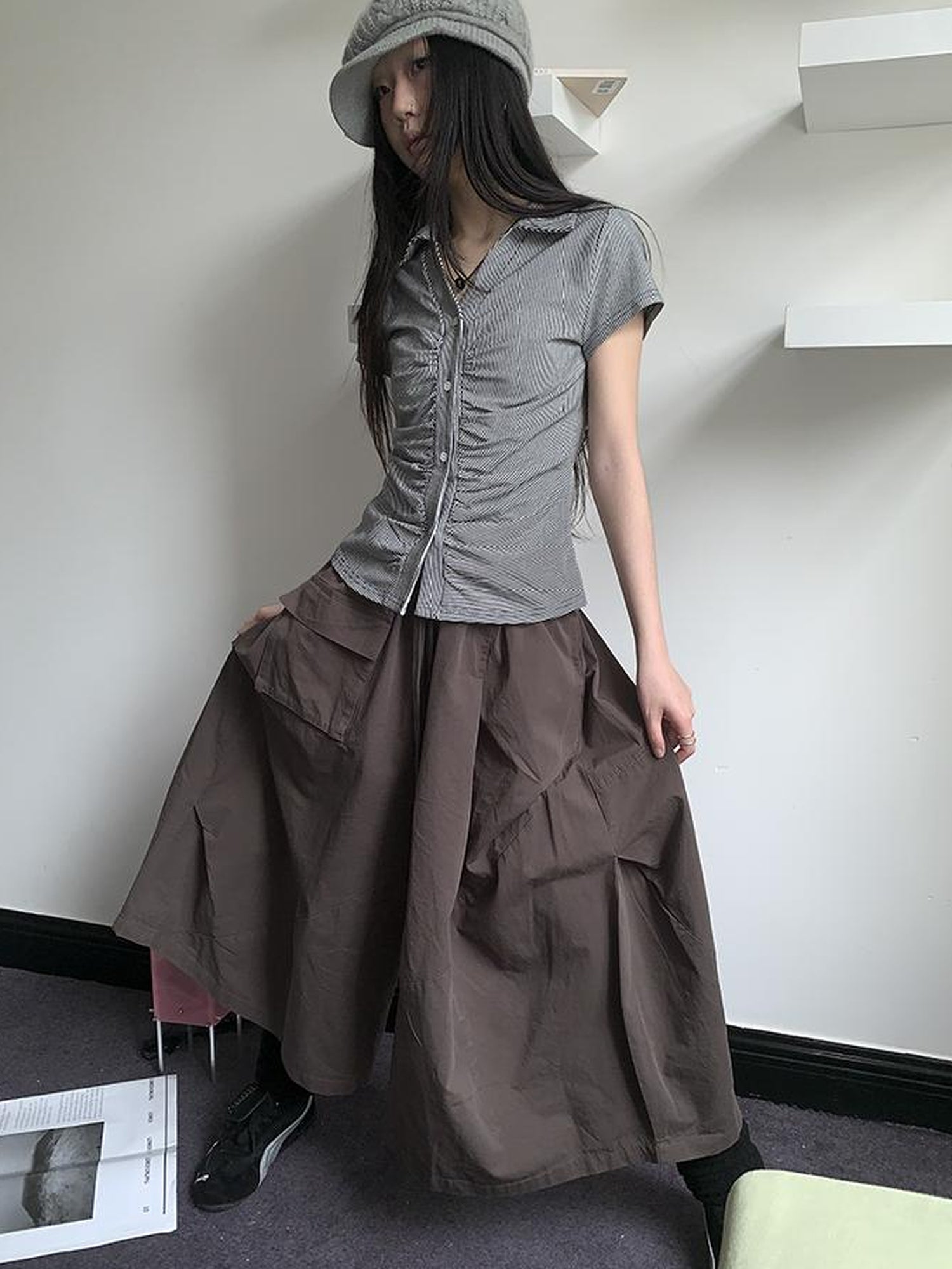 ang project Vintage Solid Multi Pleat Pocket Cargo Pants With Elastic Waist