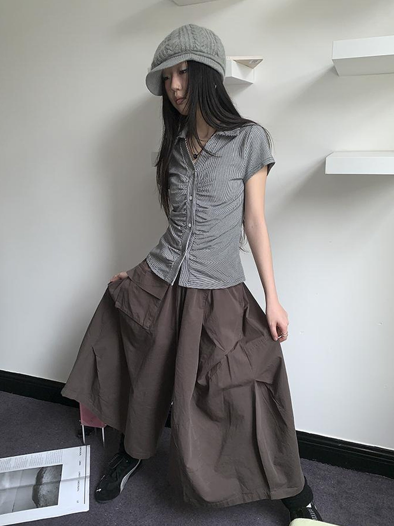 ang project Vintage Solid Multi Pleat Pocket Cargo Pants With Elastic Waist