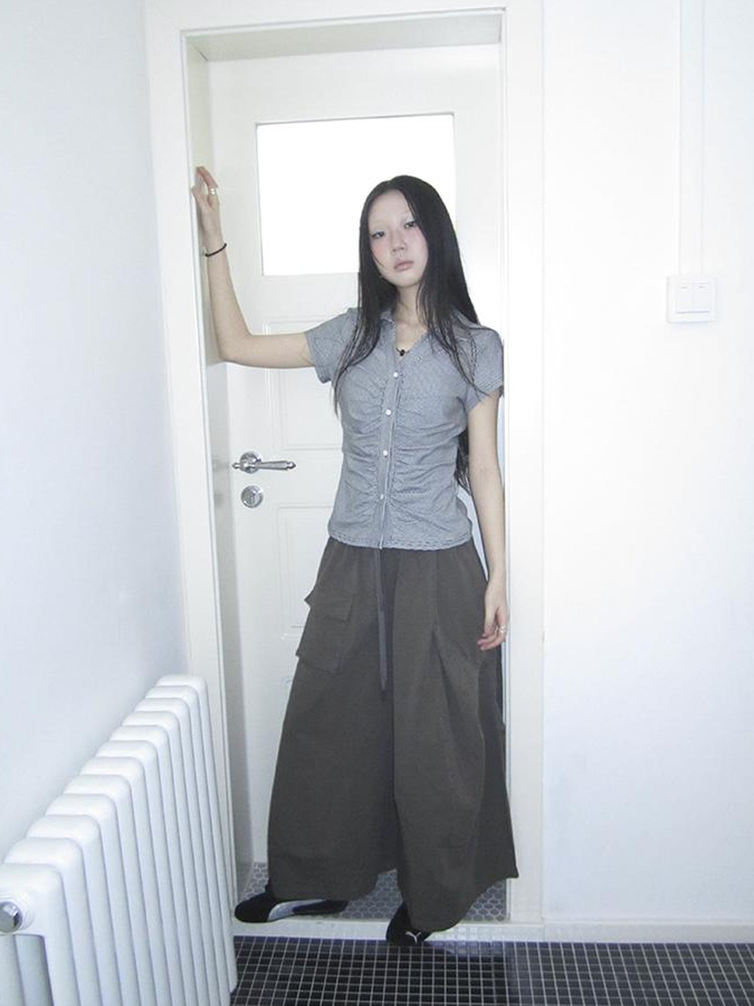 ang project Vintage Solid Multi Pleat Pocket Cargo Pants With Elastic Waist
