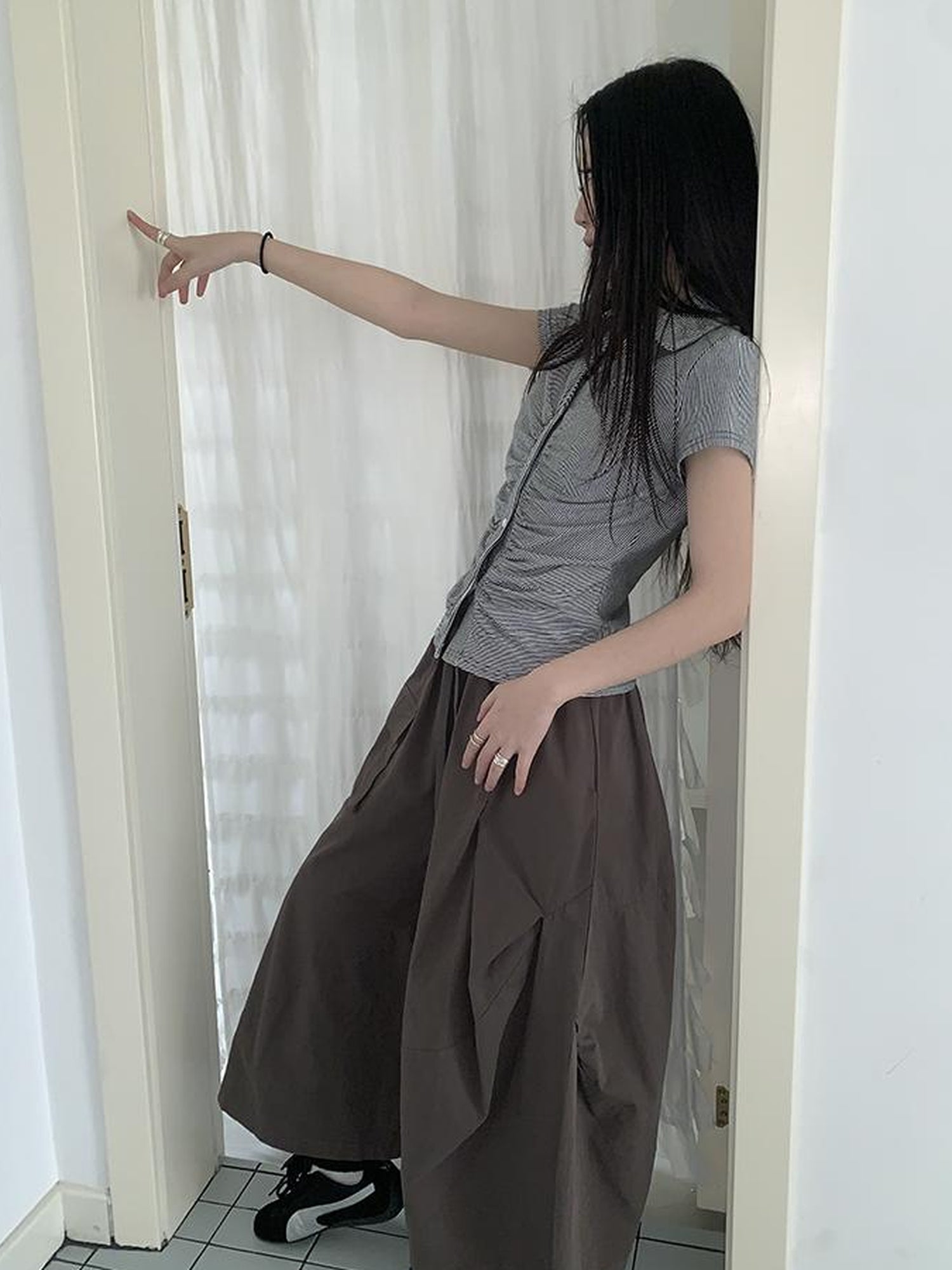 ang project Vintage Solid Multi Pleat Pocket Cargo Pants With Elastic Waist