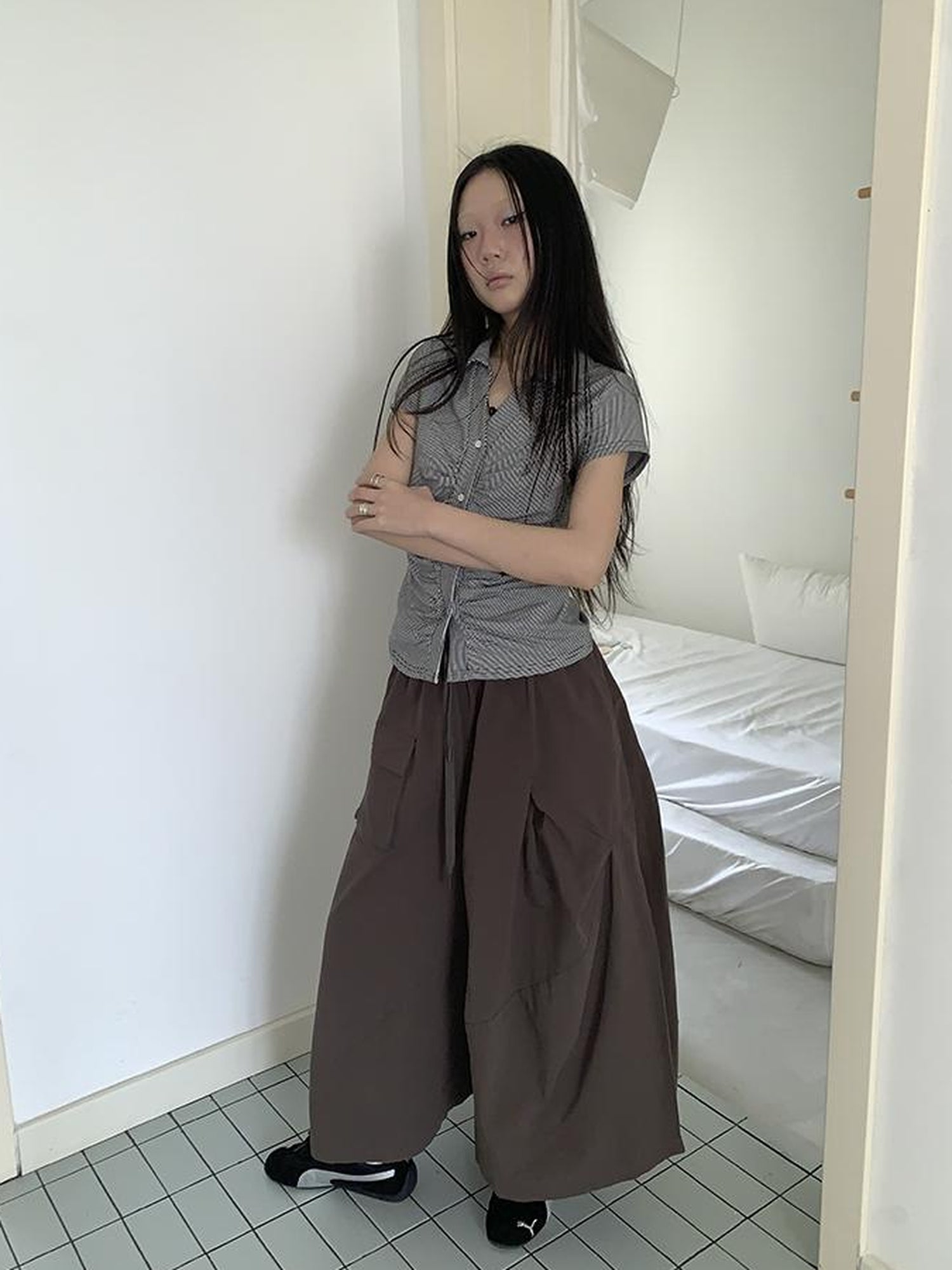 ang project Vintage Solid Multi Pleat Pocket Cargo Pants With Elastic Waist