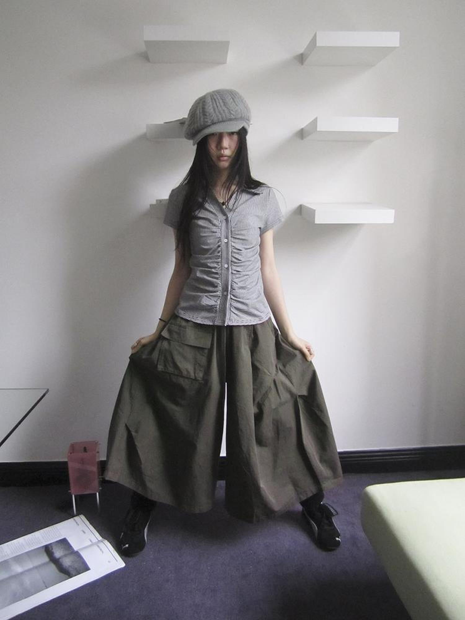 ang project Vintage Solid Multi Pleat Pocket Cargo Pants With Elastic Waist