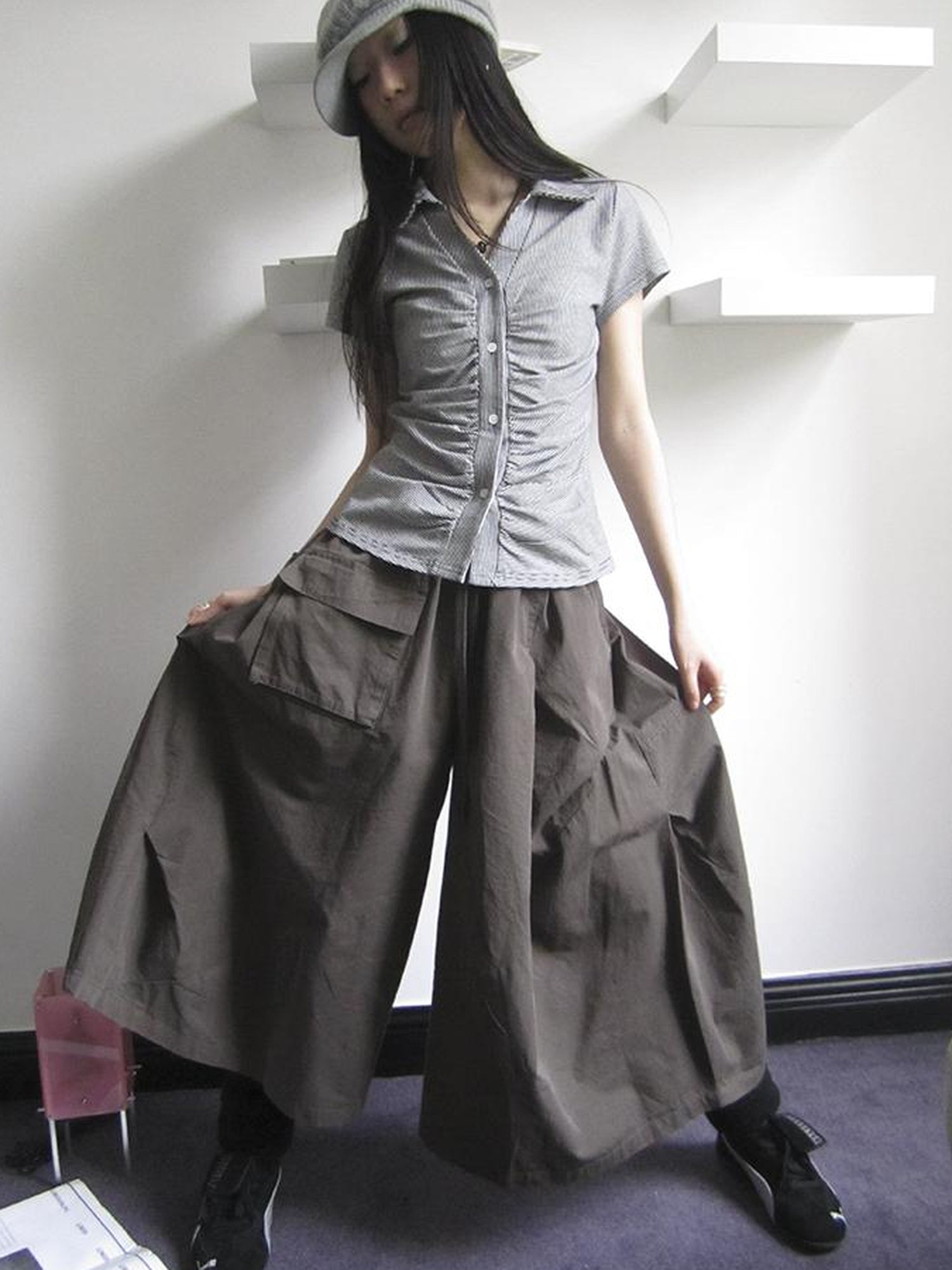 ang project Vintage Solid Multi Pleat Pocket Cargo Pants With Elastic Waist
